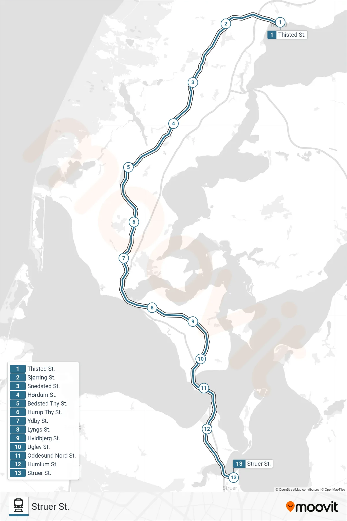 030 jernbane Linje (Struer St.) rute og stop på et kort