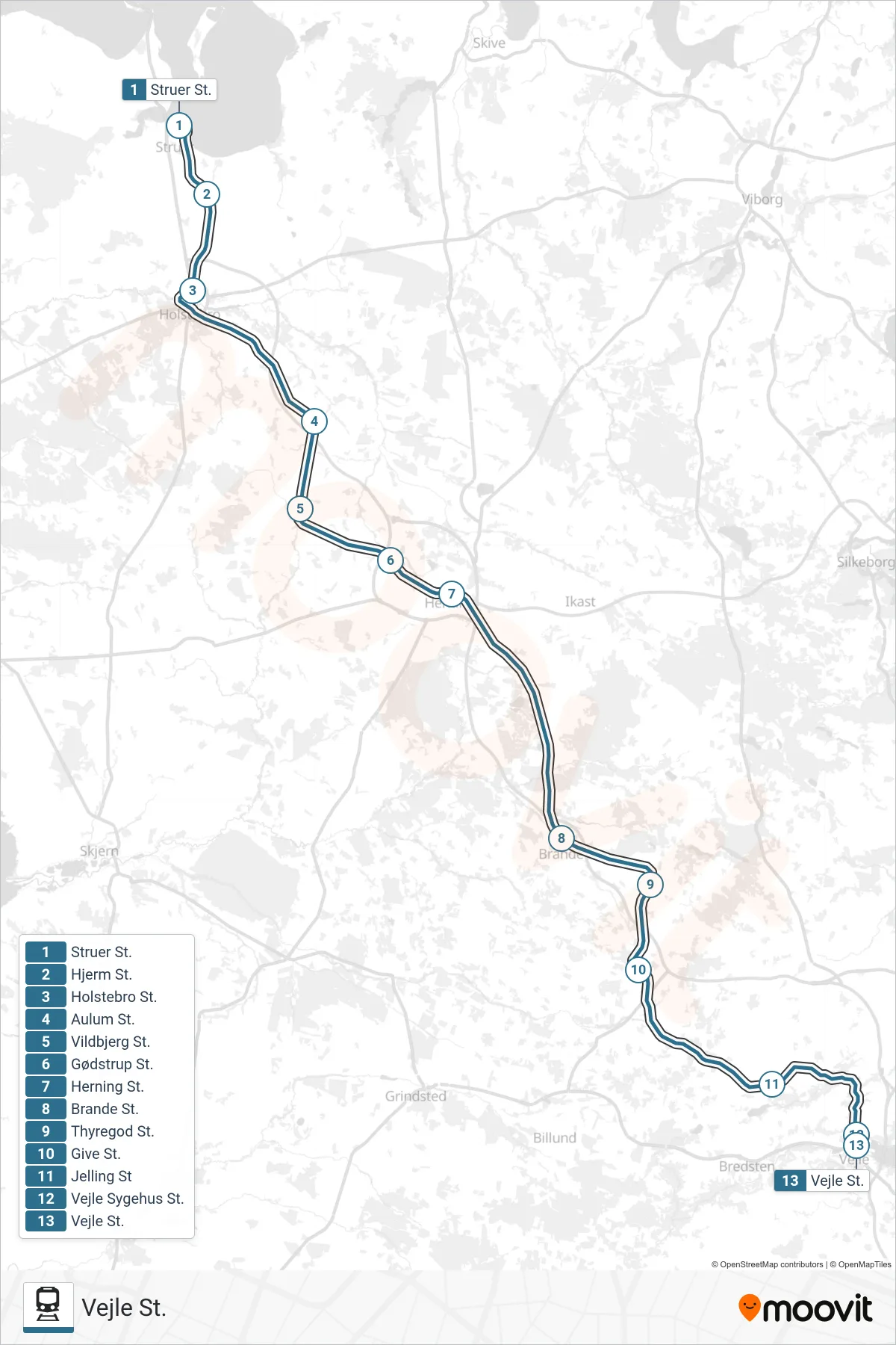 030 jernbane Linje (Vejle St.) rute og stop på et kort