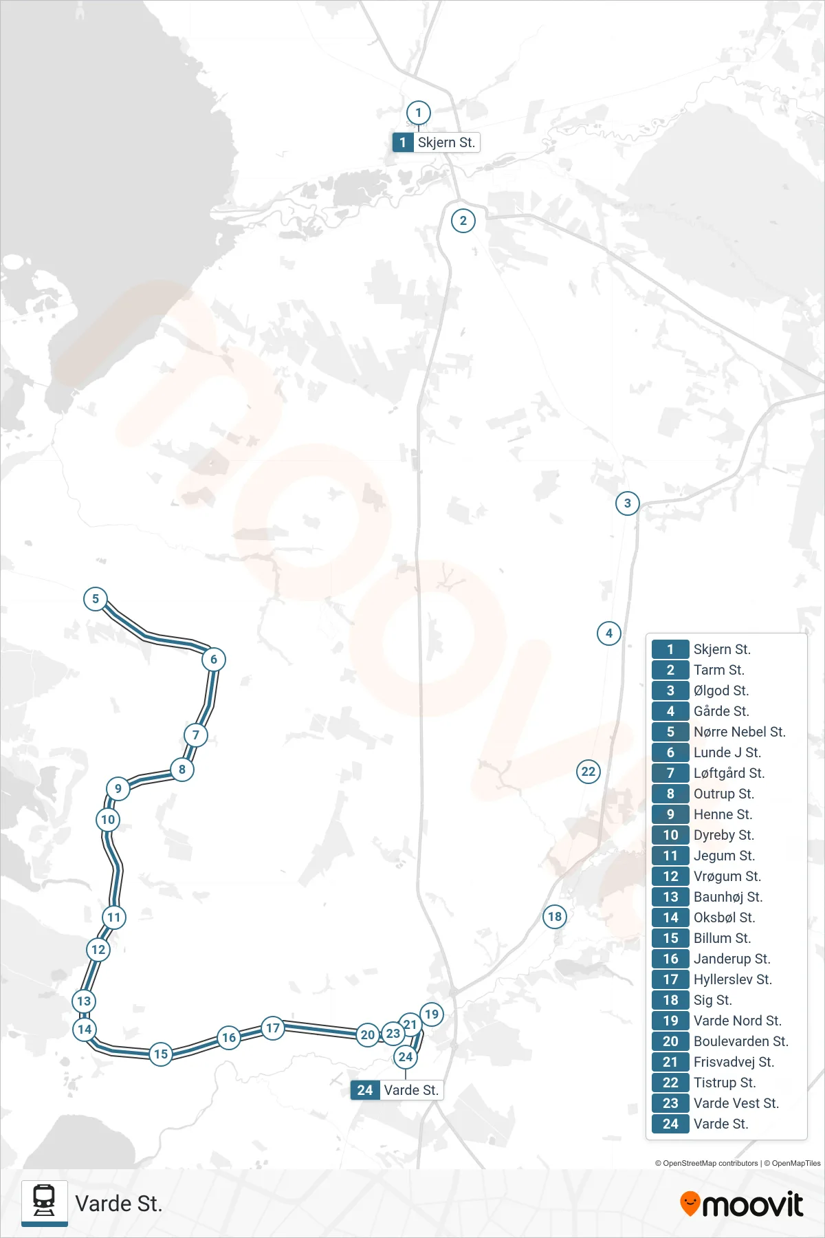 030 jernbane Linje (Varde St.) rute og stop på et kort