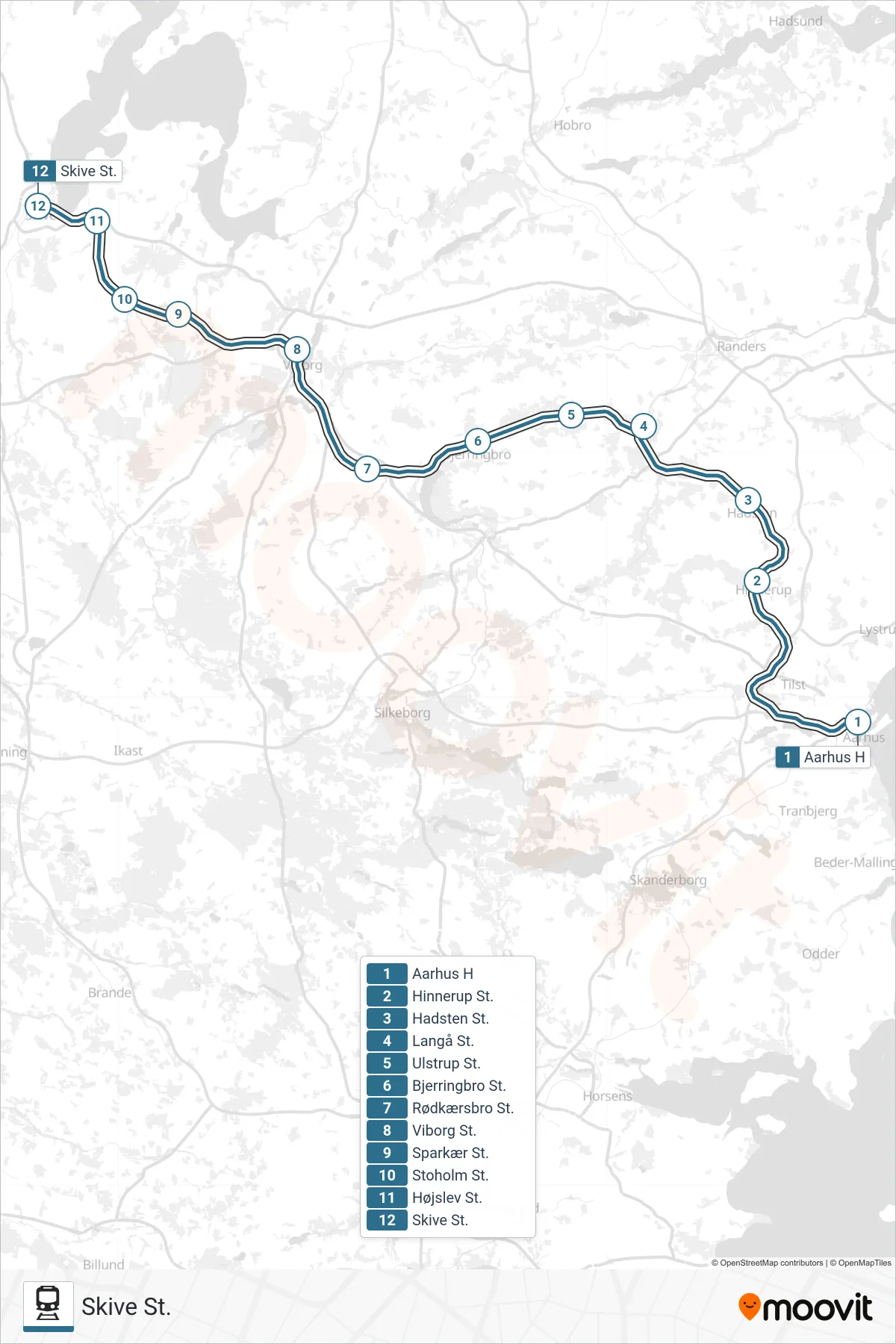 030 jernbane Linje (Skive St.) rute og stop på et kort