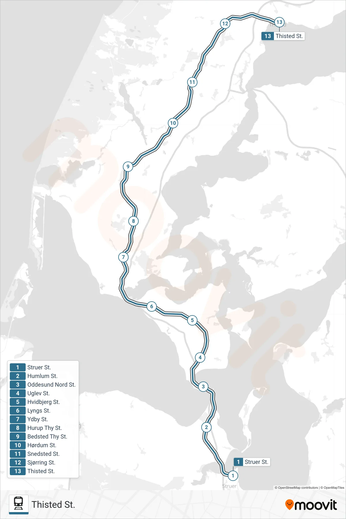 030 jernbane Linje (Thisted St.) rute og stop på et kort
