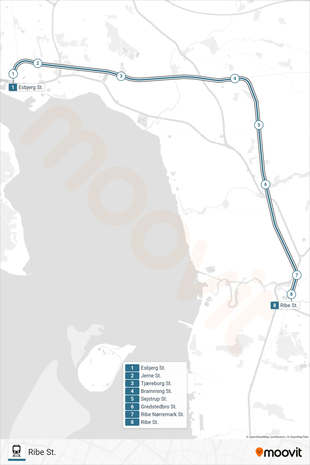 030 jernbane Linje (Ribe St.) rute og stop på et kort