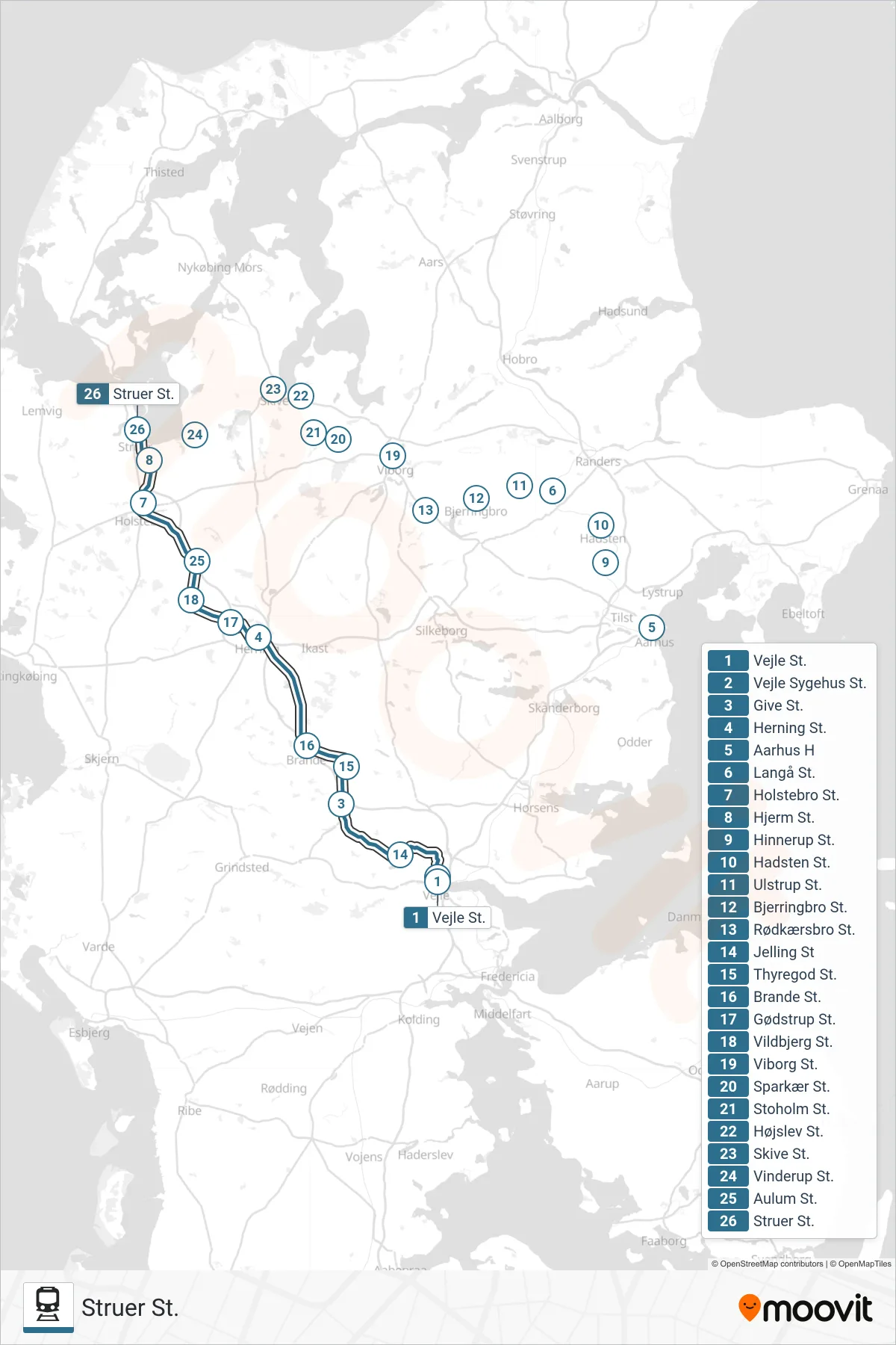 030 jernbane Linje (Struer St.) rute og stop på et kort