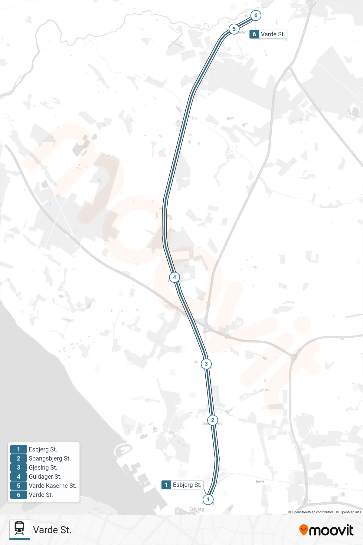 030 jernbane Linje (Varde St.) rute og stop på et kort