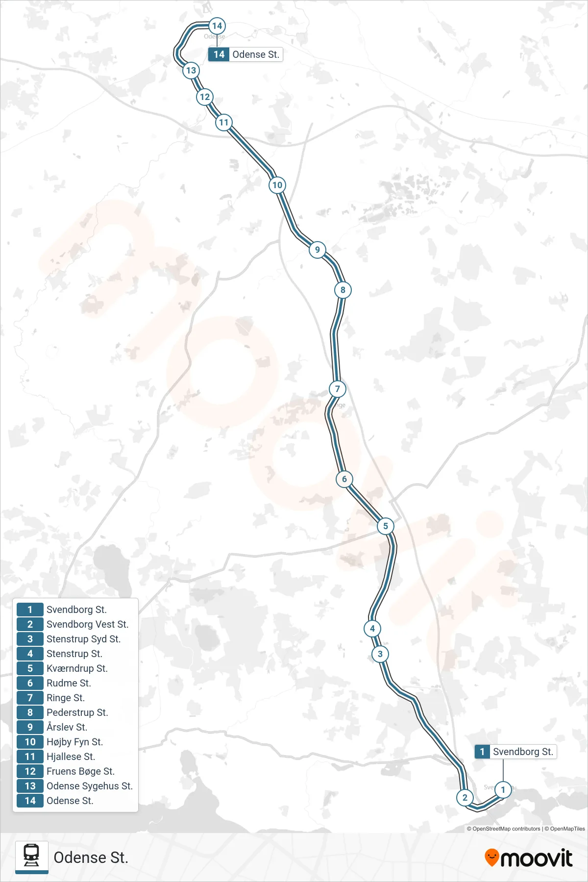 030 jernbane Linje (Odense St.) rute og stop på et kort