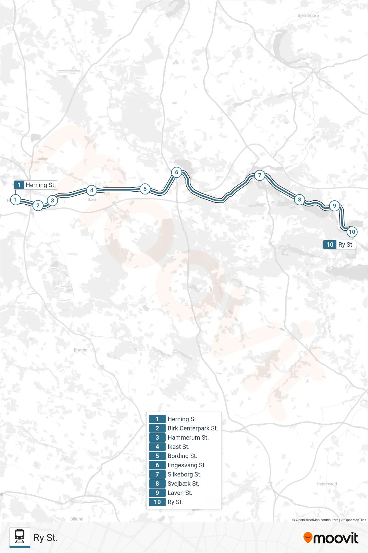 030 jernbane Linje (Ry St.) rute og stop på et kort