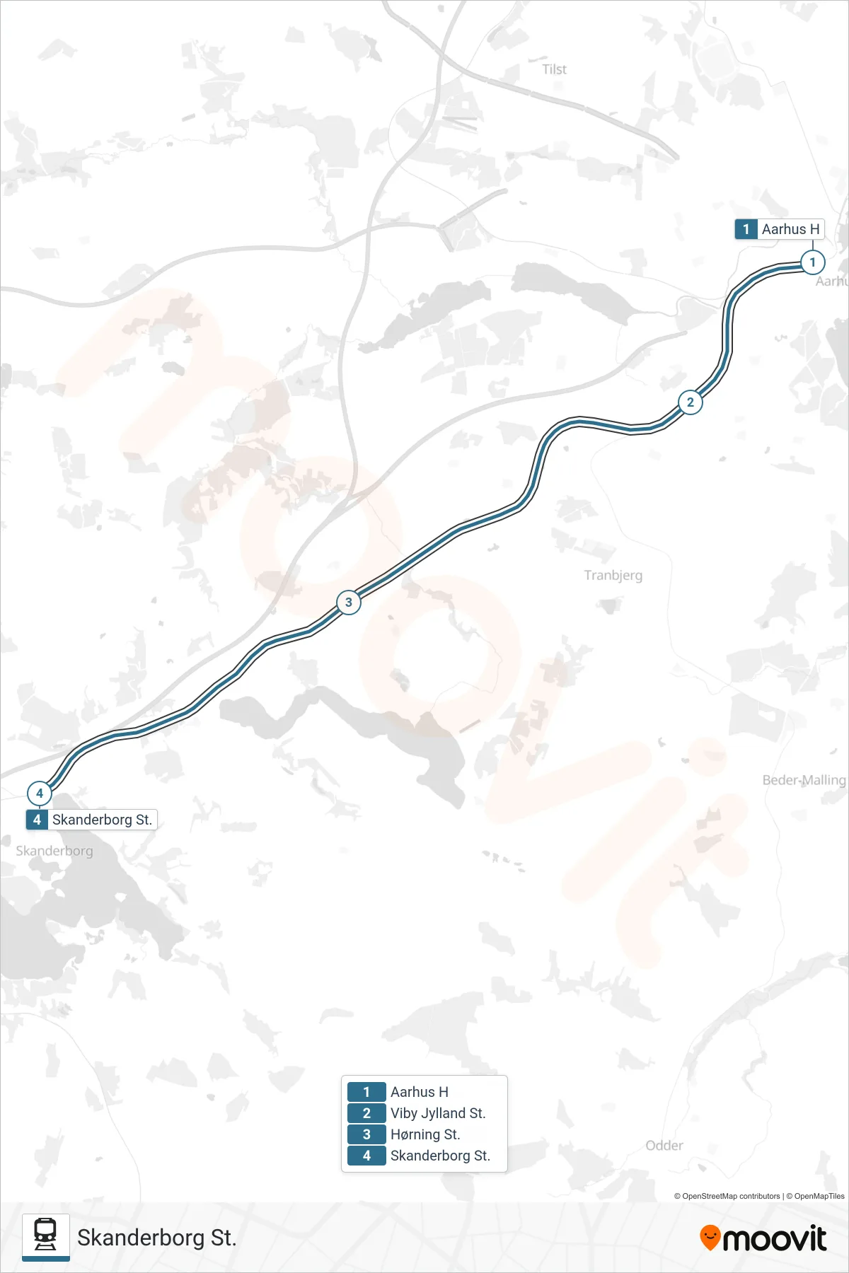 030 jernbane Linje (Skanderborg St.) rute og stop på et kort