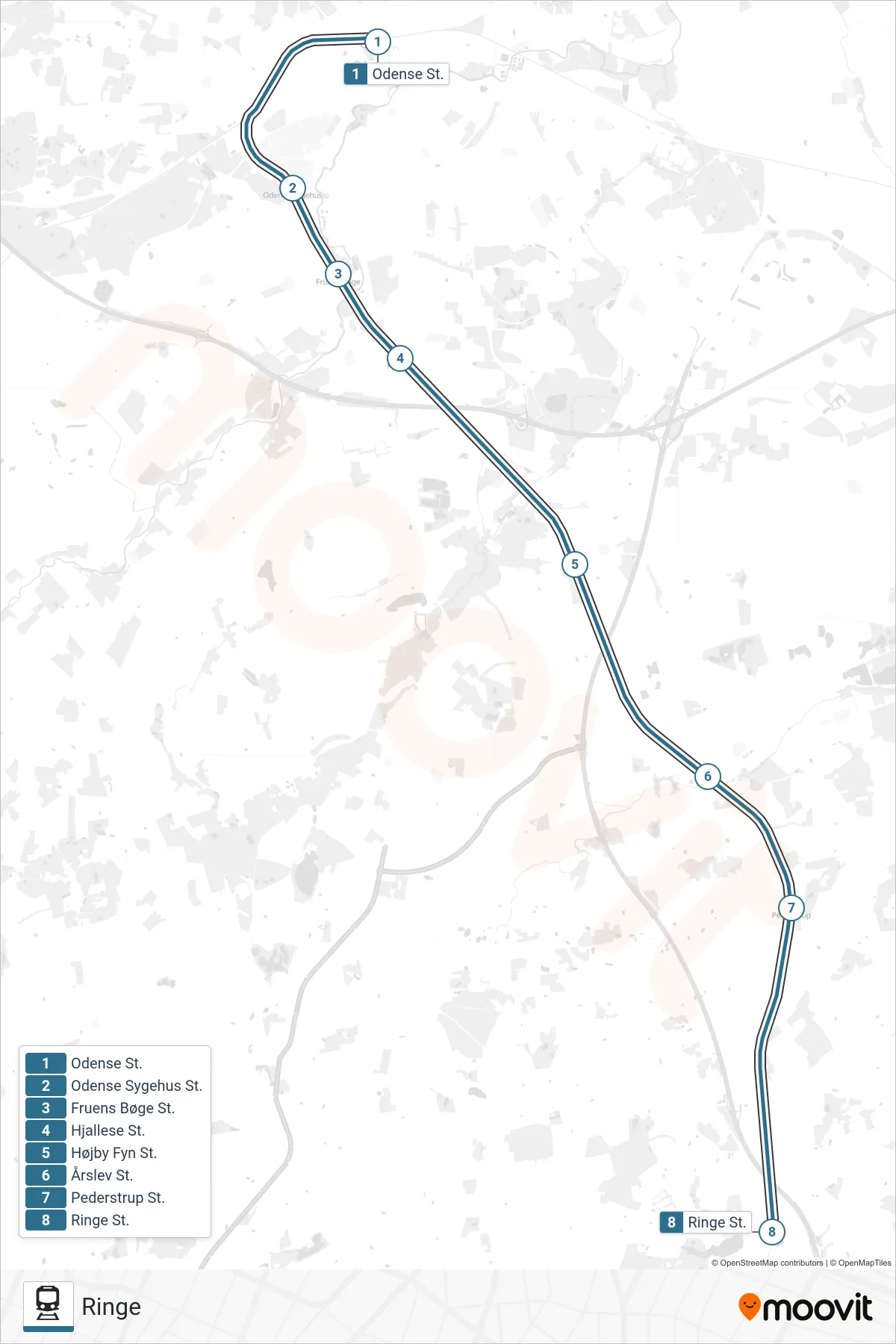 030 jernbane Linje (Ringe) rute og stop på et kort