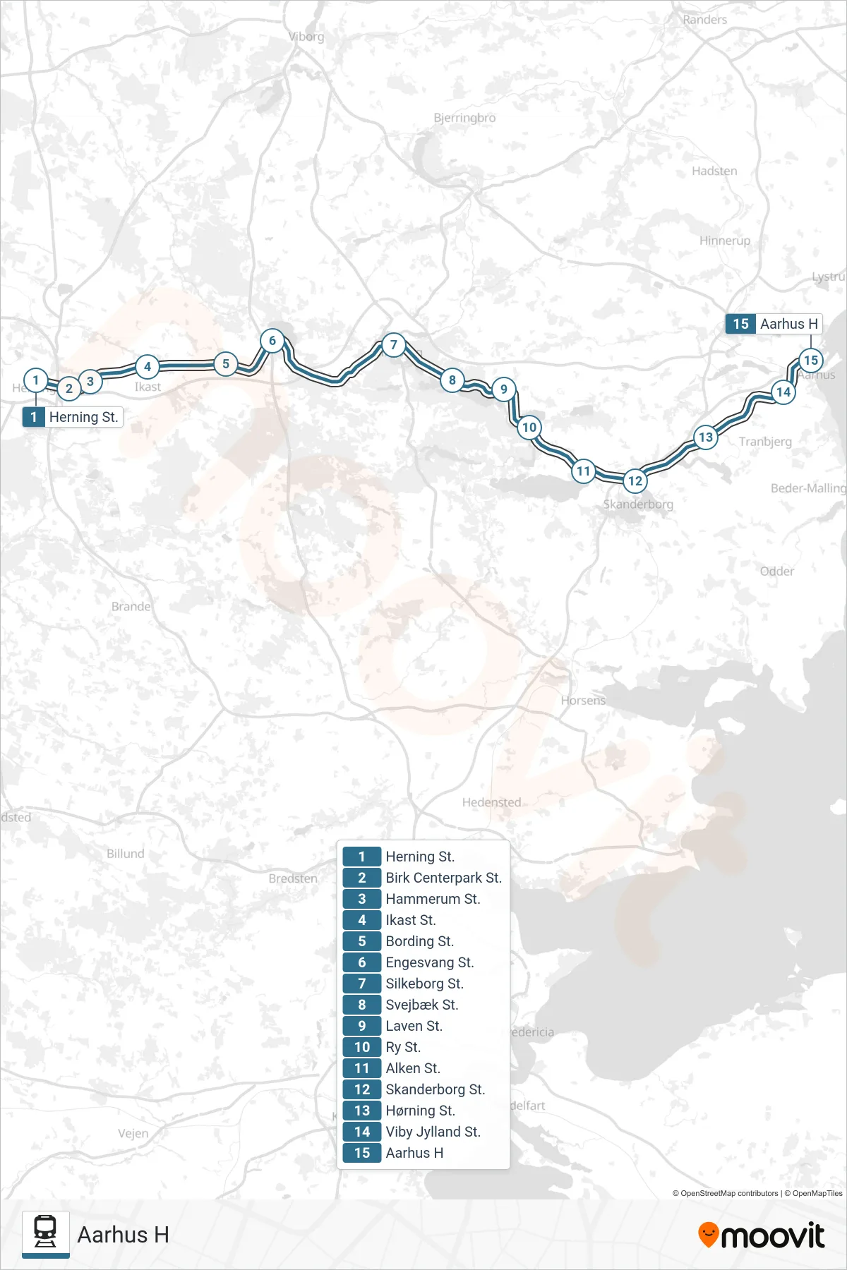 031 jernbane Linje (Aarhus H) rute og stop på et kort