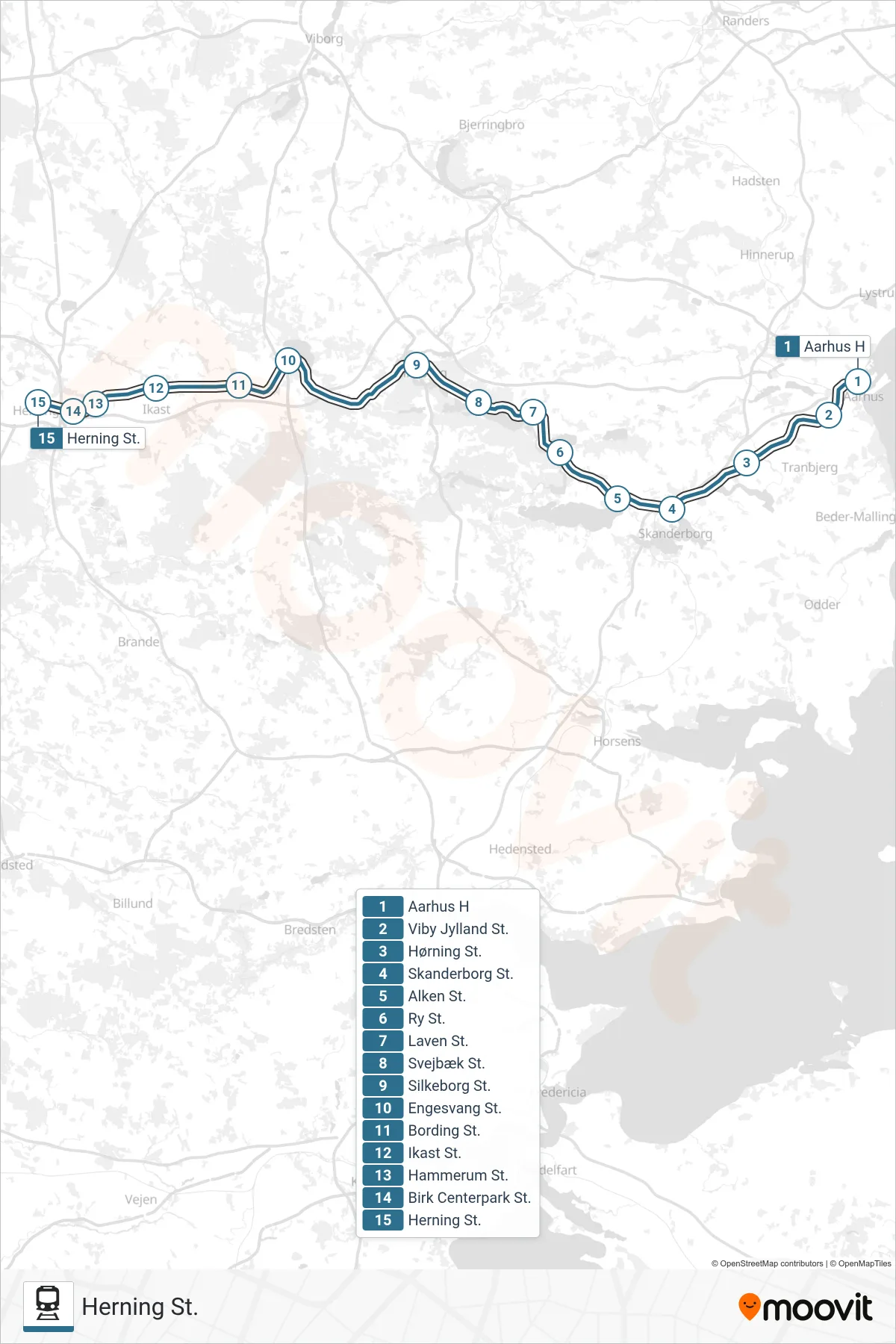 031 jernbane Linje (Herning St.) rute og stop på et kort