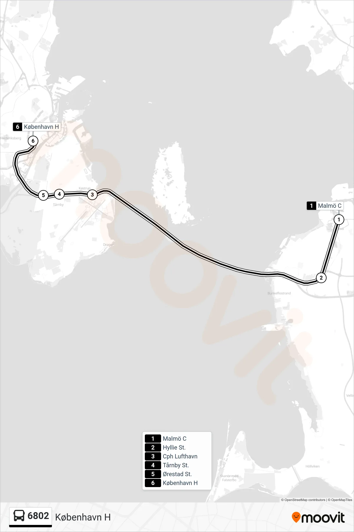 6802 bus Linje (København H) rute og stop på et kort