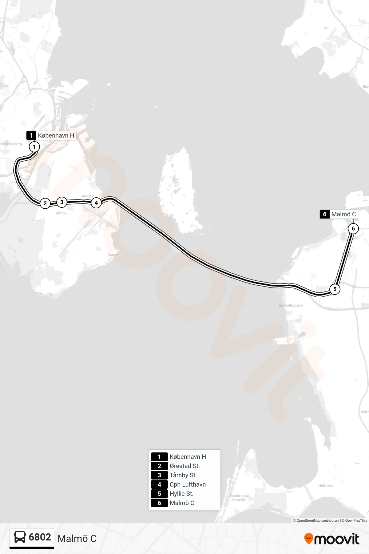 6802 bus Linje (Malmö C) rute og stop på et kort