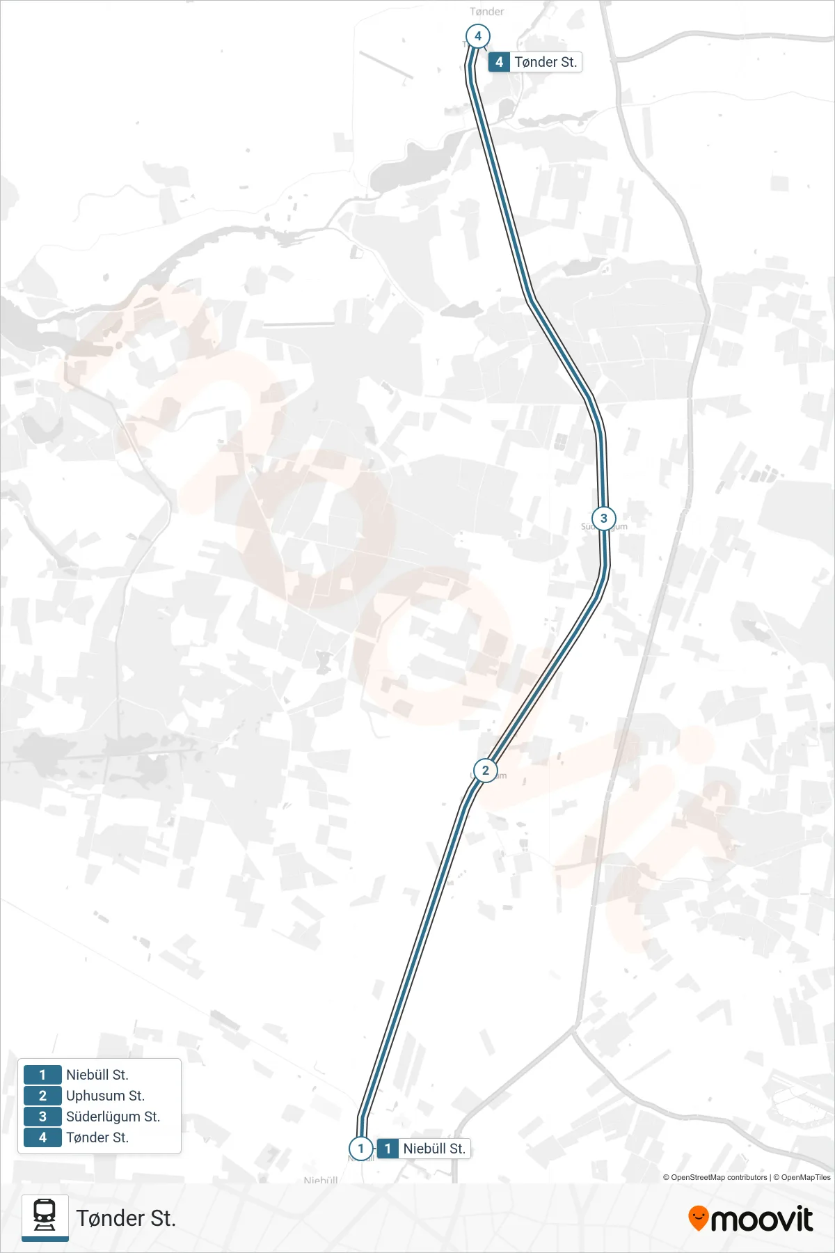 030 jernbane Linje (Tønder St.) rute og stop på et kort