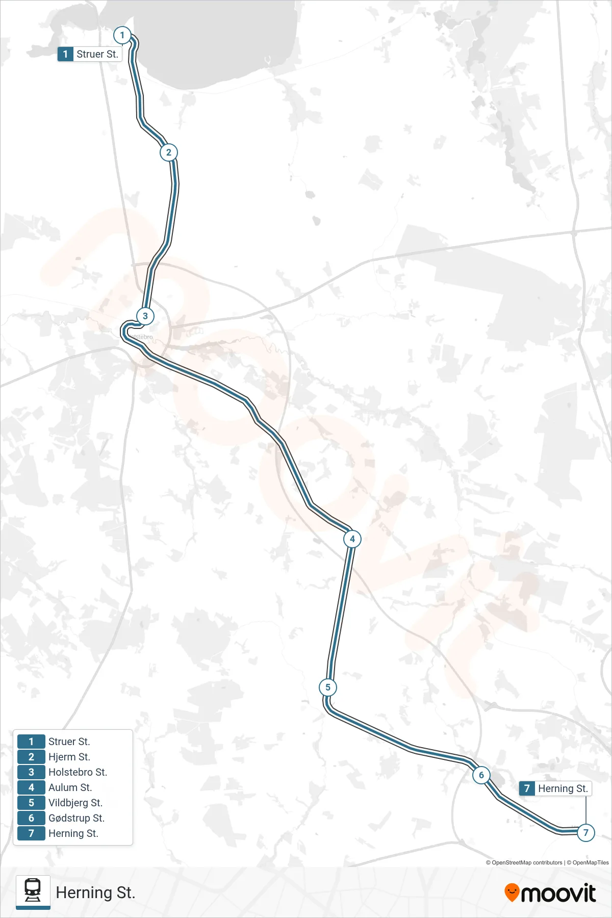 030 jernbane Linje (Herning St.) rute og stop på et kort