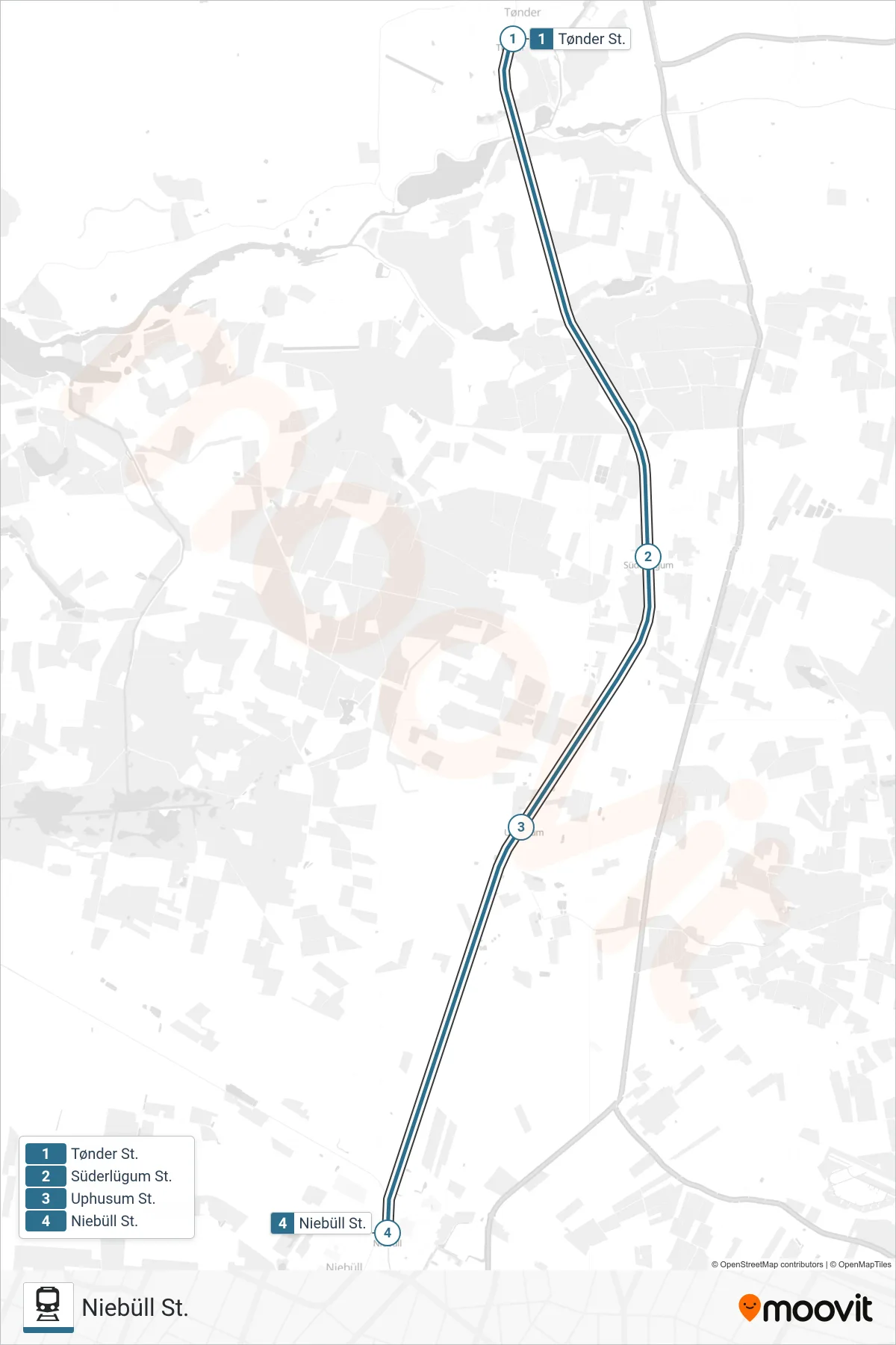 030 jernbane Linje (Niebüll St.) rute og stop på et kort