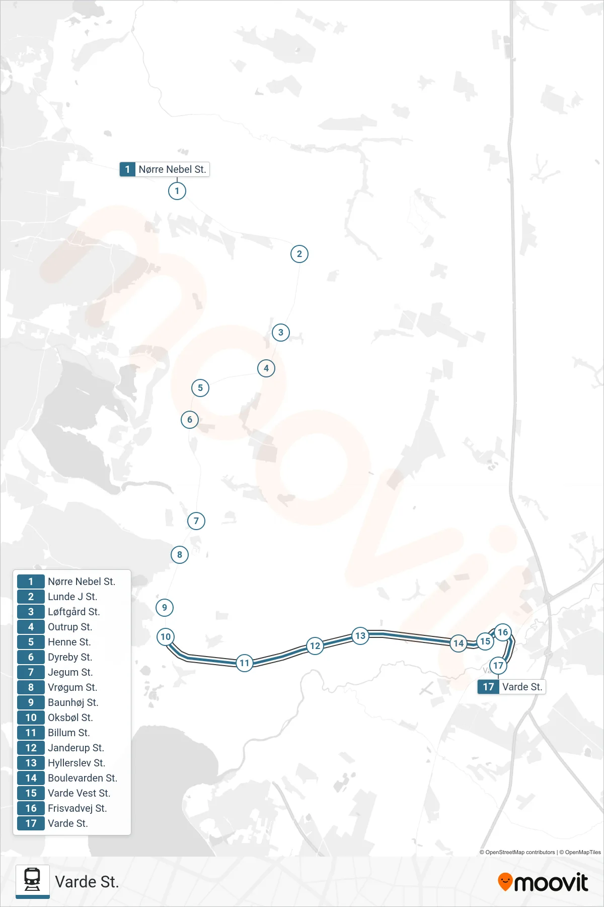 030 jernbane Linje (Varde St.) rute og stop på et kort