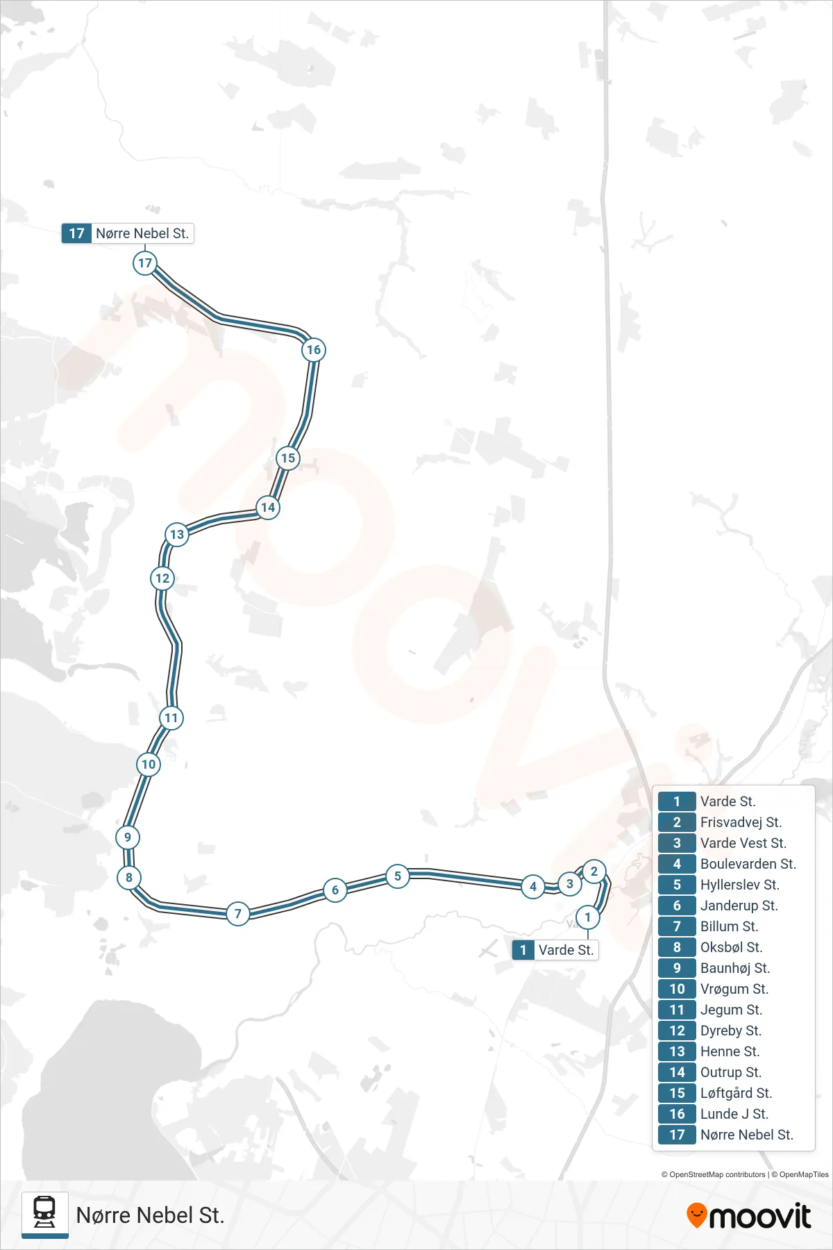 030 jernbane Linje (Nørre Nebel St.) rute og stop på et kort
