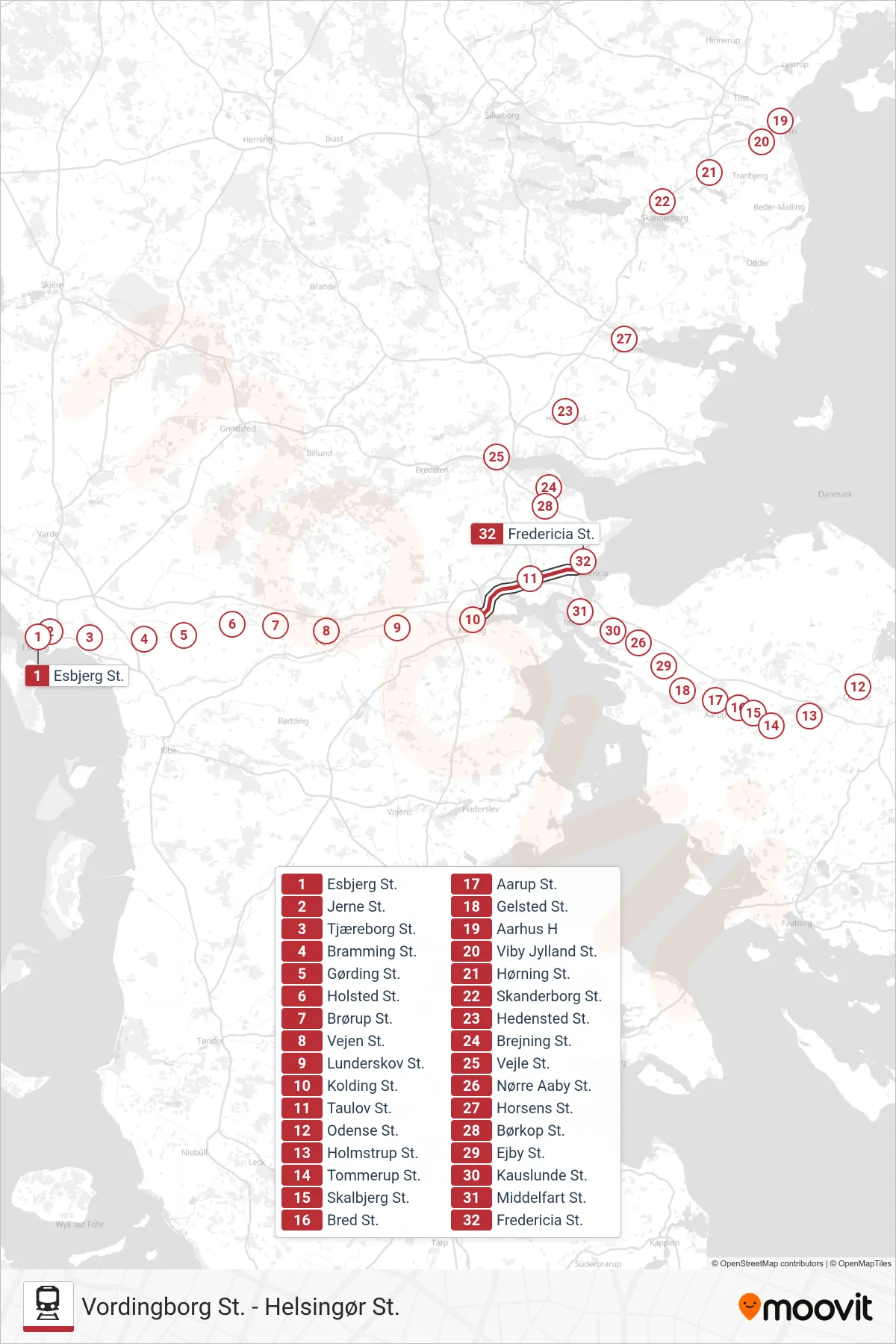 RE jernbane Linje (Fredericia St.) rute og stop på et kort