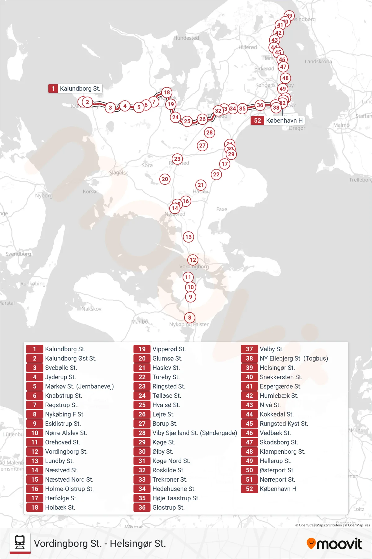 RE jernbane Linje (København H) rute og stop på et kort