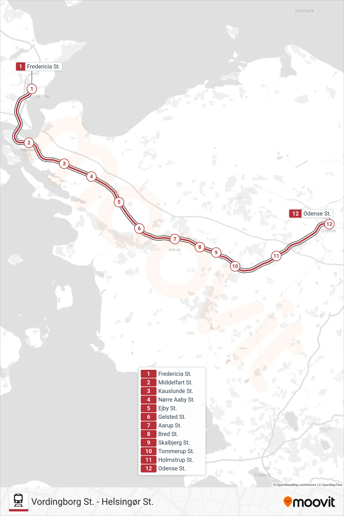 RE jernbane Linje (Odense St.) rute og stop på et kort