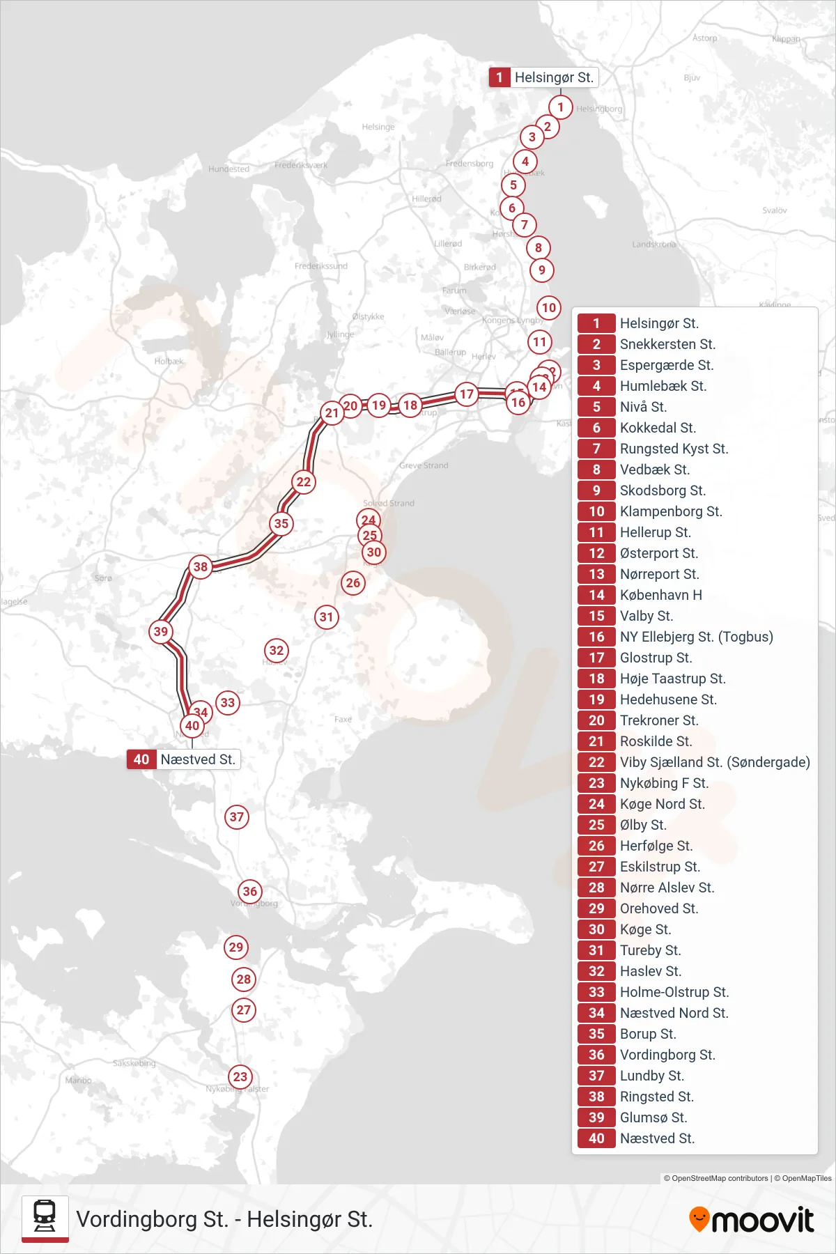RE jernbane Linje (Næstved St.) rute og stop på et kort