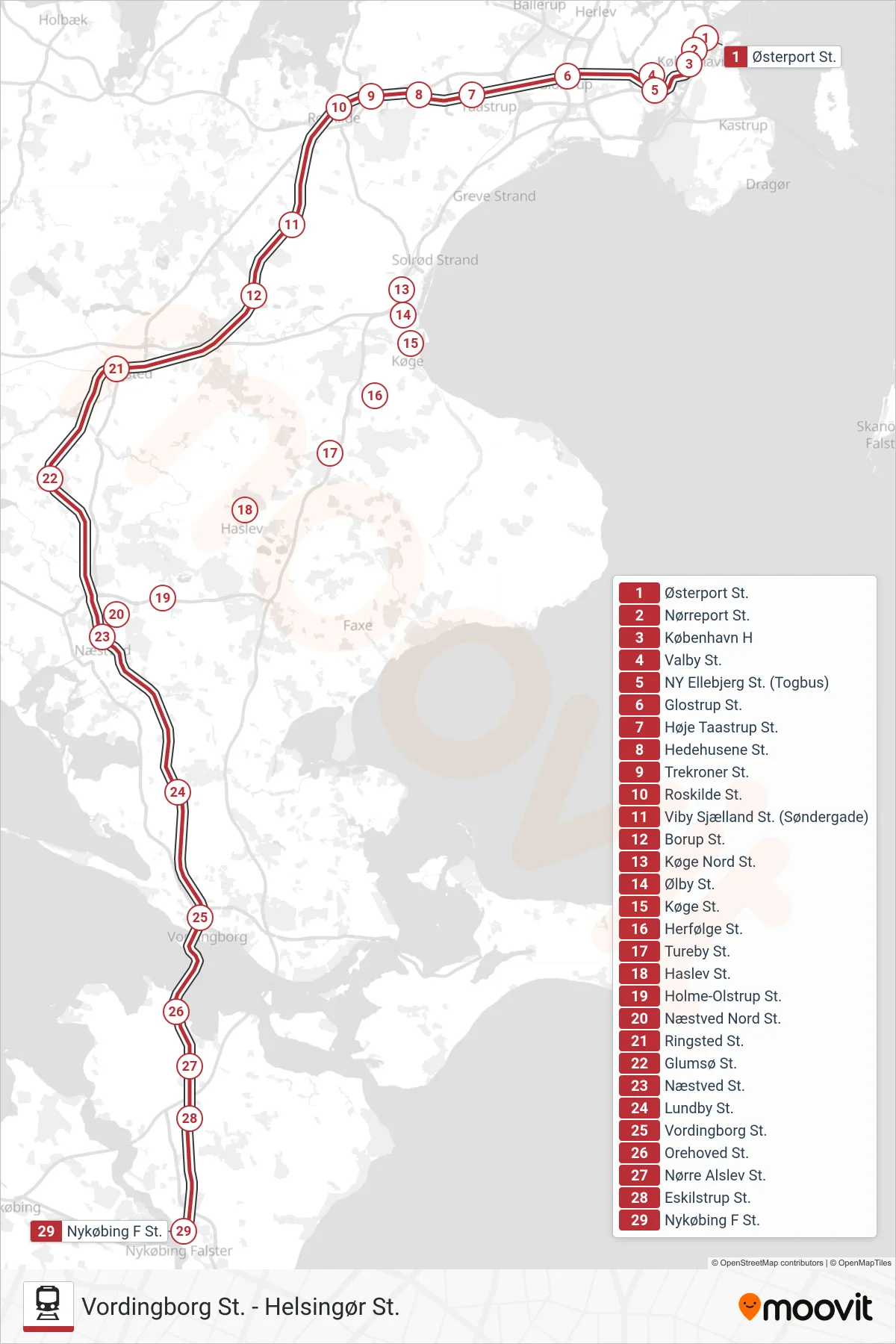 RE jernbane Linje (Nykøbing F St.) rute og stop på et kort