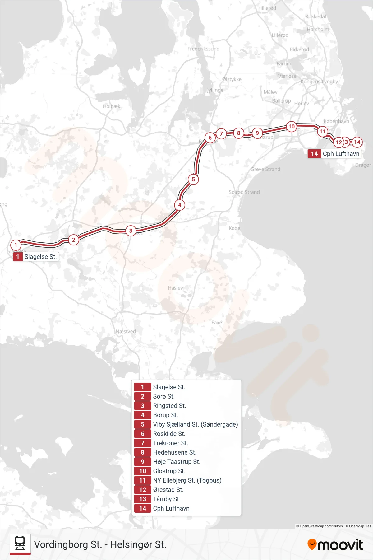 RE jernbane Linje (CPH Lufthavn) rute og stop på et kort