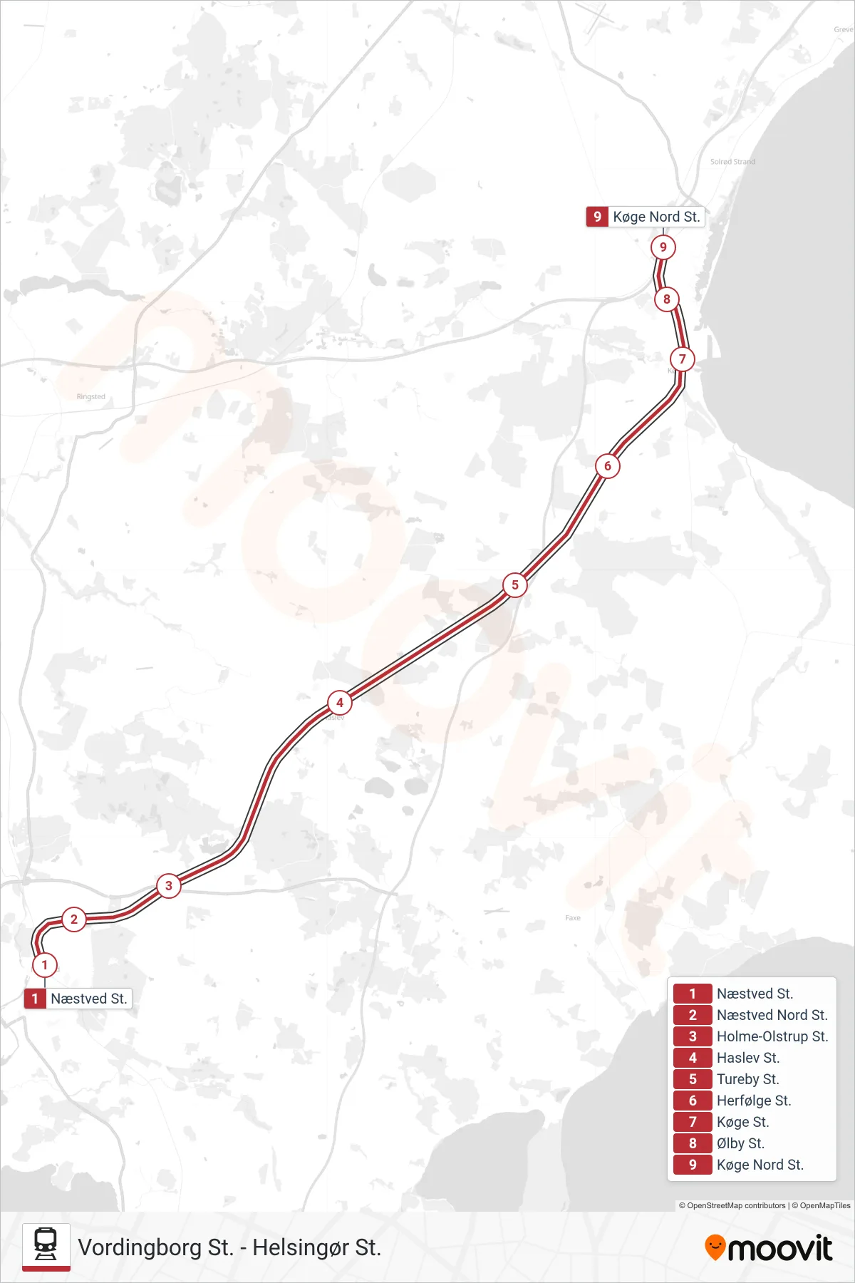 RE jernbane Linje (Køge Nord St.) rute og stop på et kort