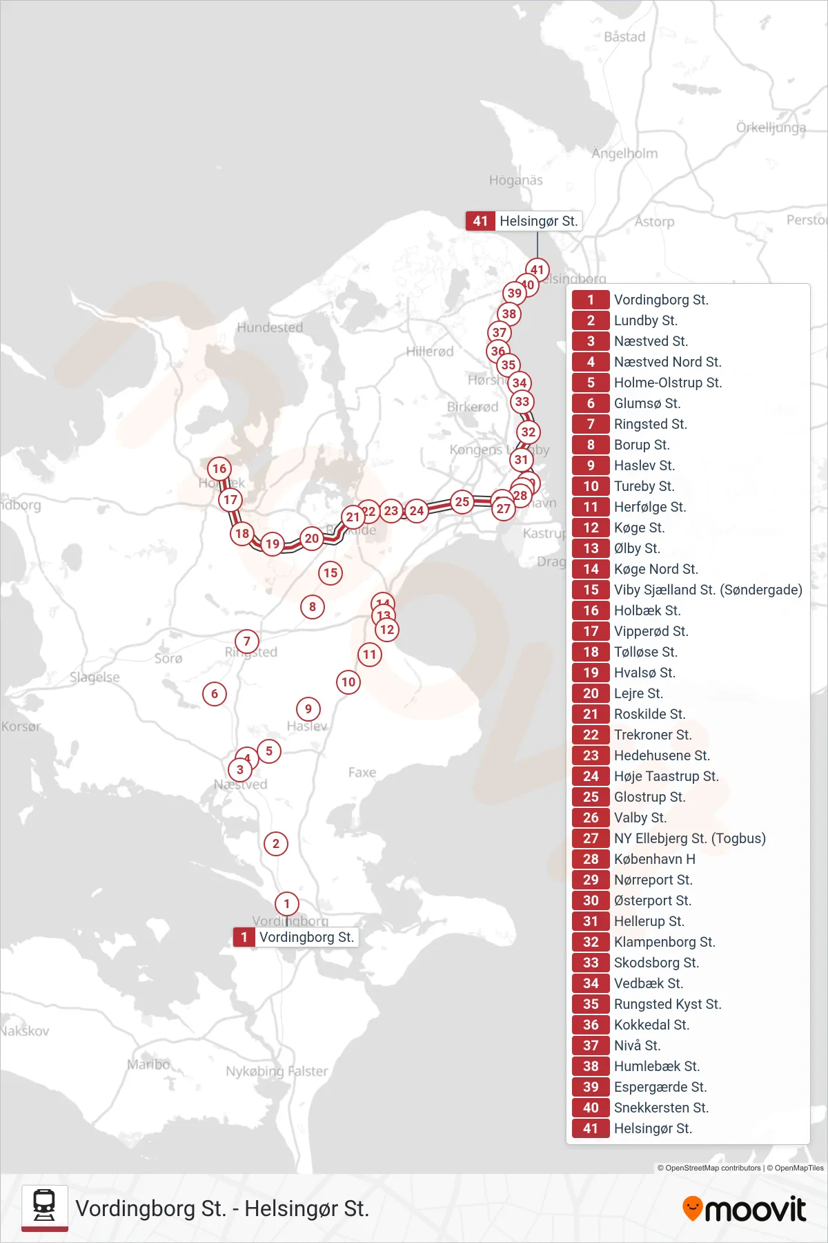 RE jernbane Linje (Helsingør St.) rute og stop på et kort
