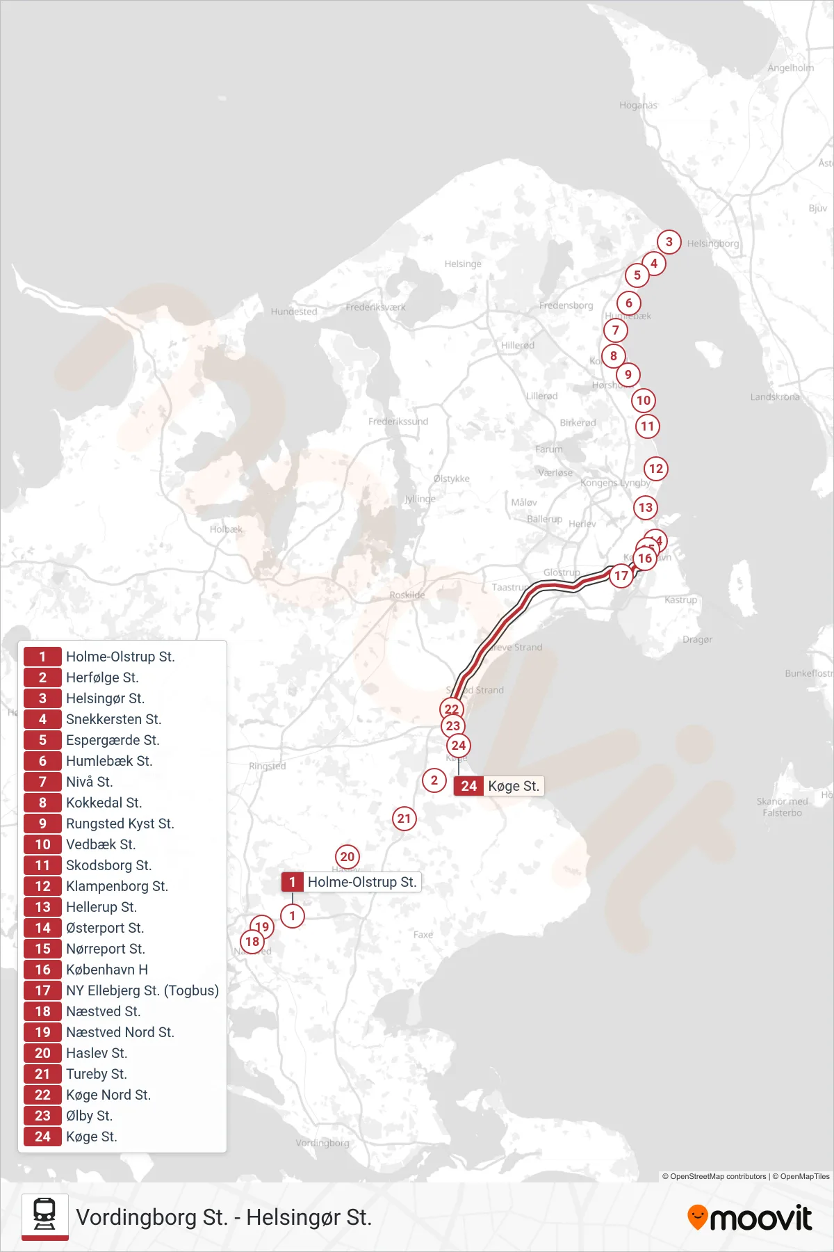 RE jernbane Linje (Køge St.) rute og stop på et kort