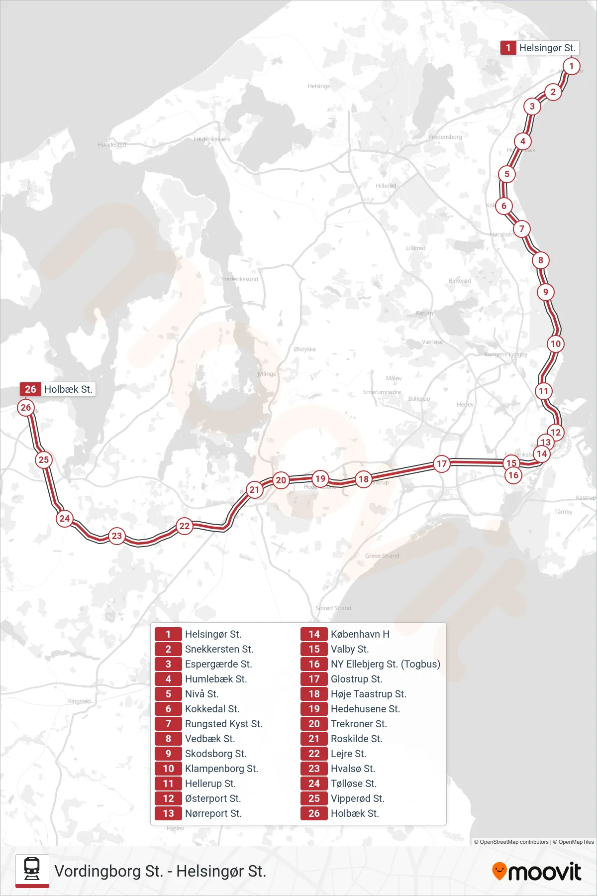 RE jernbane Linje (Holbæk St.) rute og stop på et kort