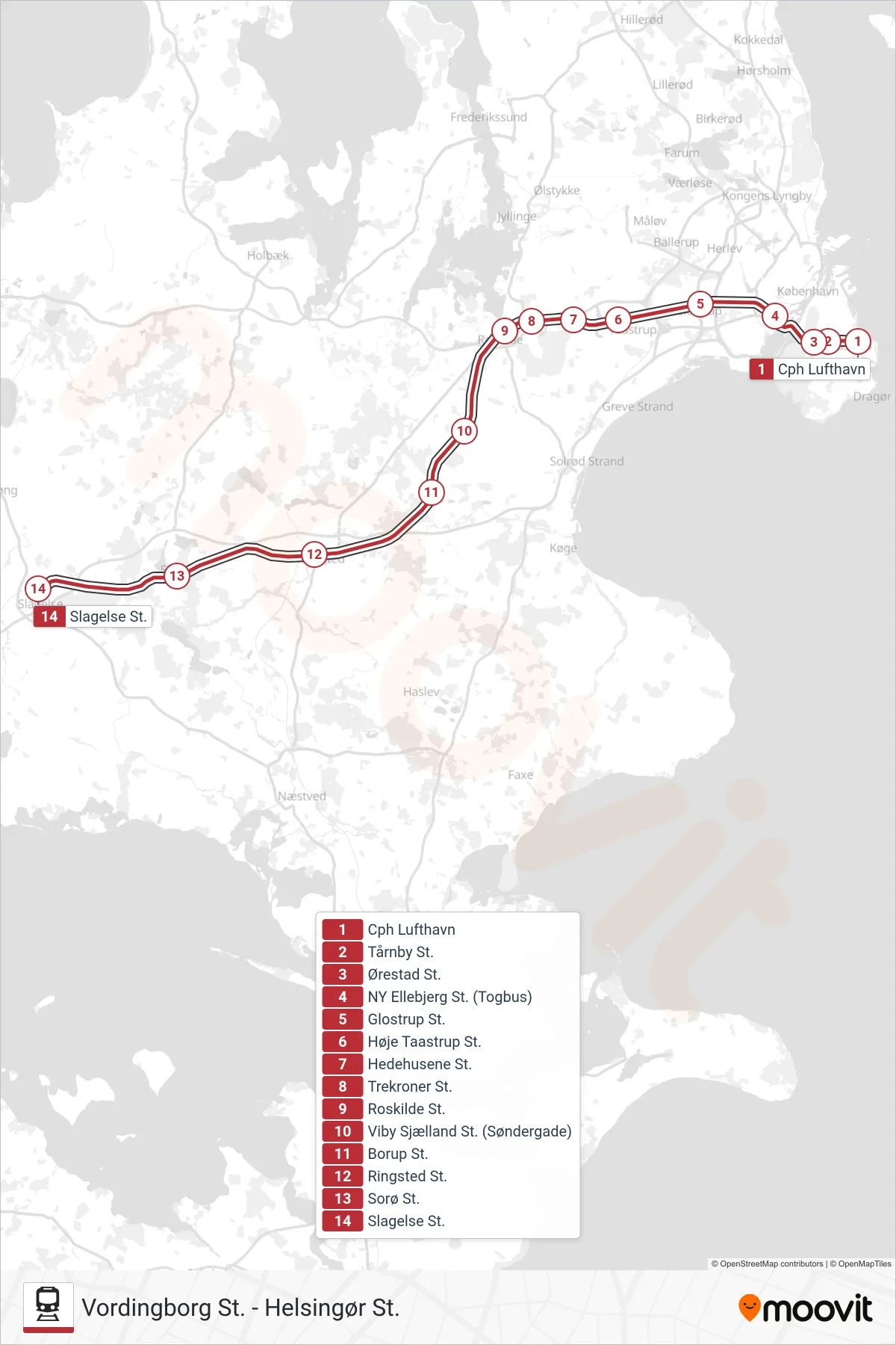 RE jernbane Linje (Slagelse St.) rute og stop på et kort