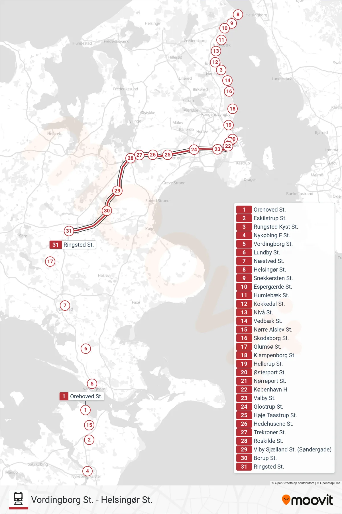 RE jernbane Linje (Ringsted St.) rute og stop på et kort