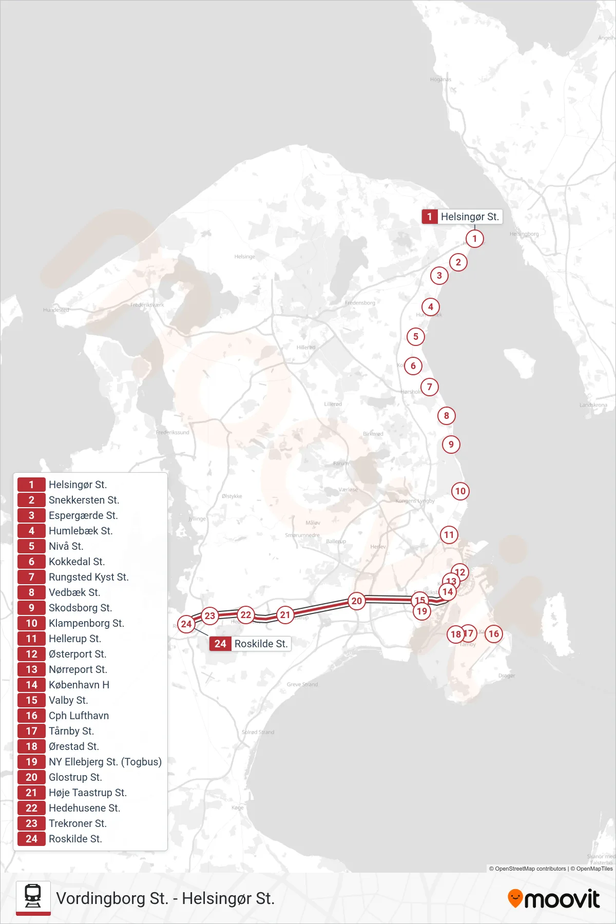 RE jernbane Linje (Roskilde St.) rute og stop på et kort