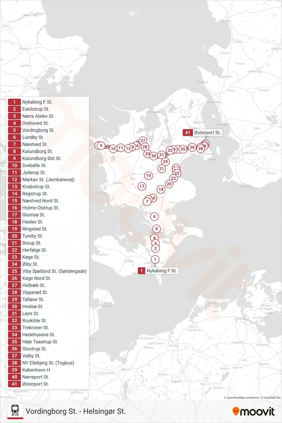 RE jernbane Linje (Østerport St.) rute og stop på et kort