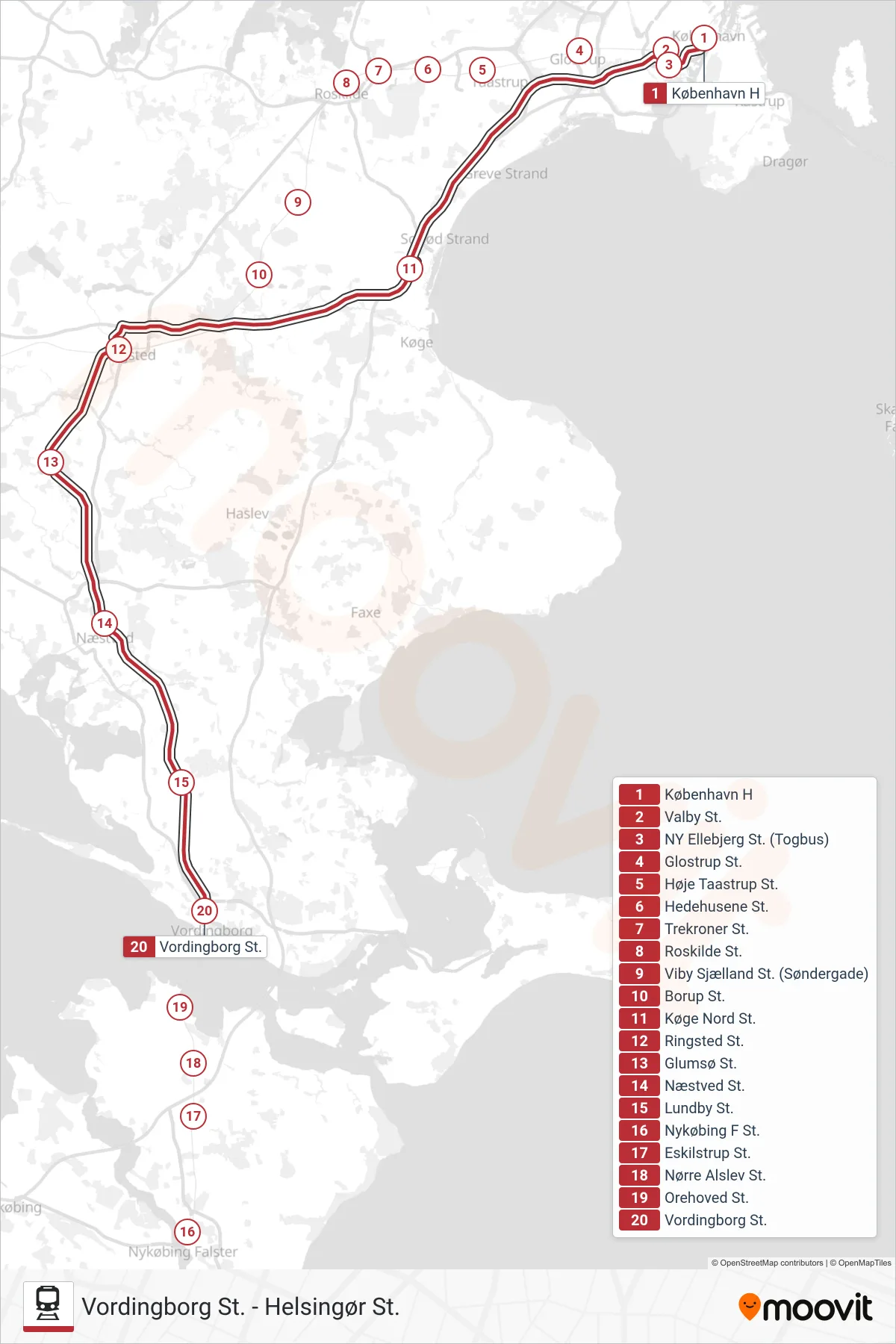 RE jernbane Linje (Vordingborg St.) rute og stop på et kort