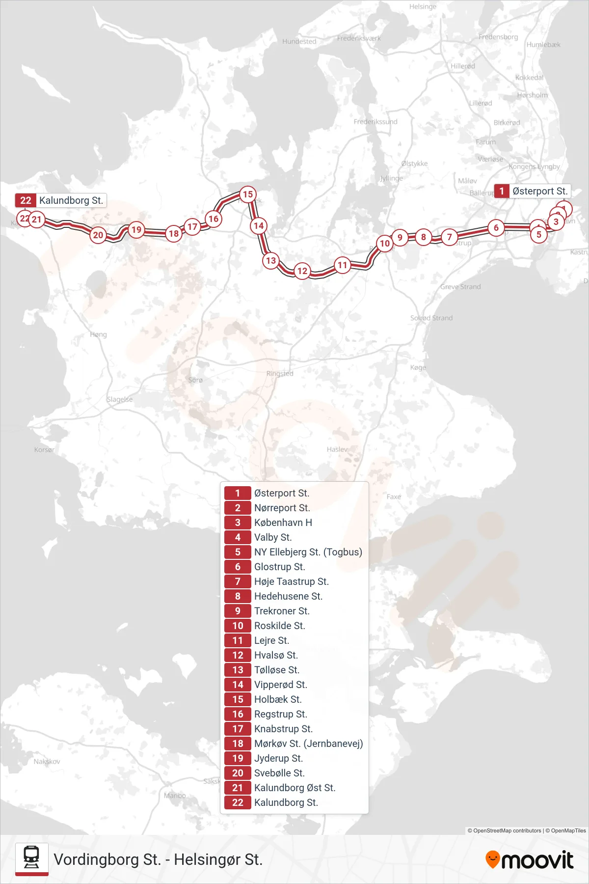 RE jernbane Linje (Kalundborg St.) rute og stop på et kort