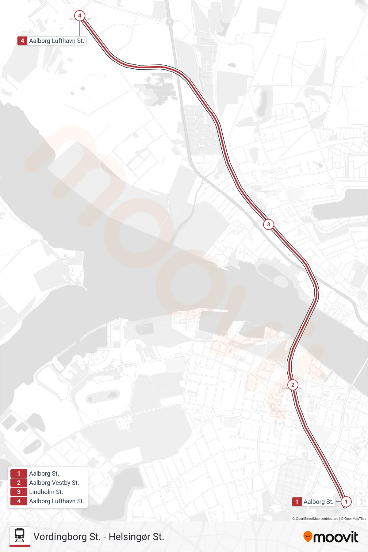 RE jernbane Linje (Aalborg Lufthavn St.) rute og stop på et kort