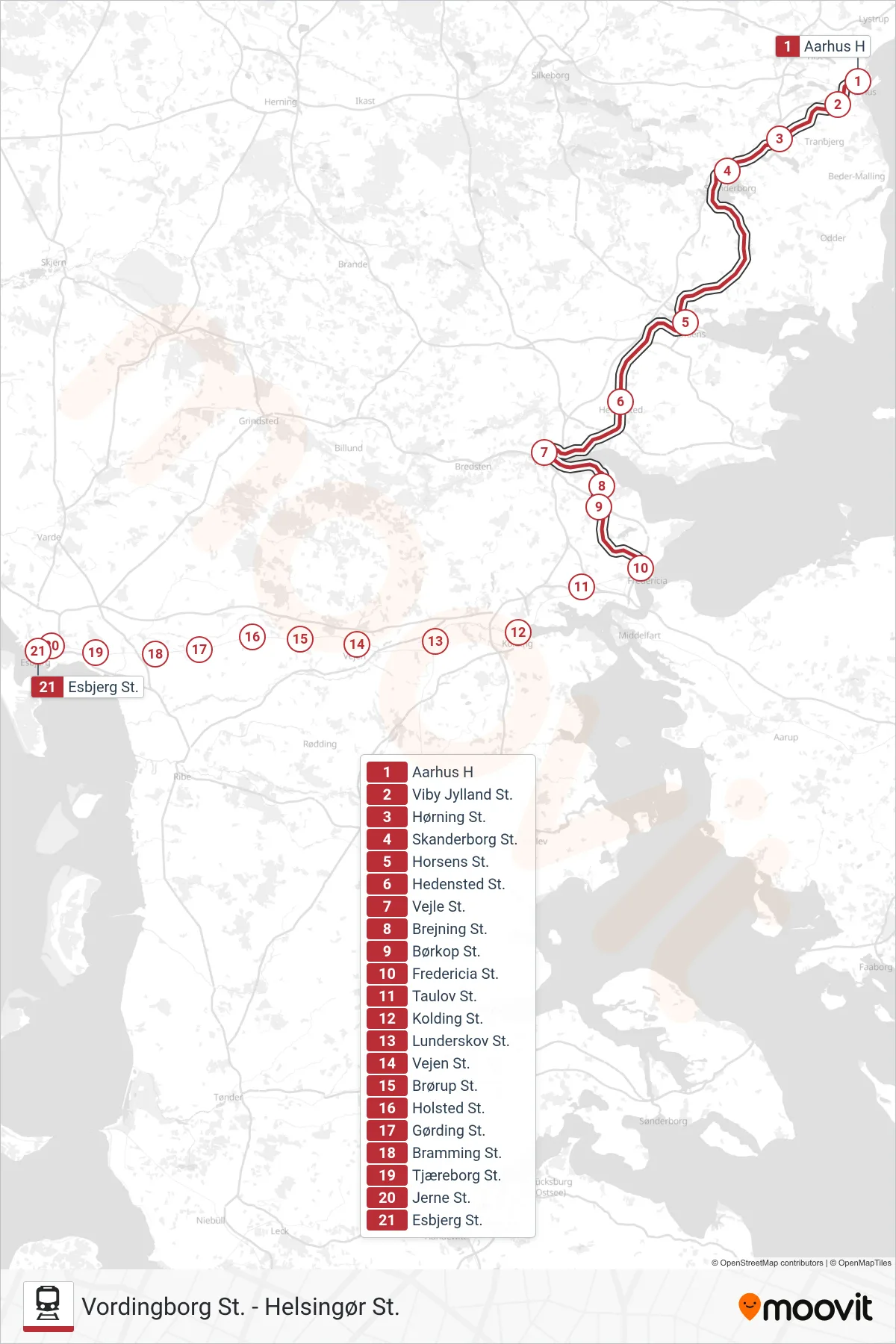 RE jernbane Linje (Esbjerg St.) rute og stop på et kort