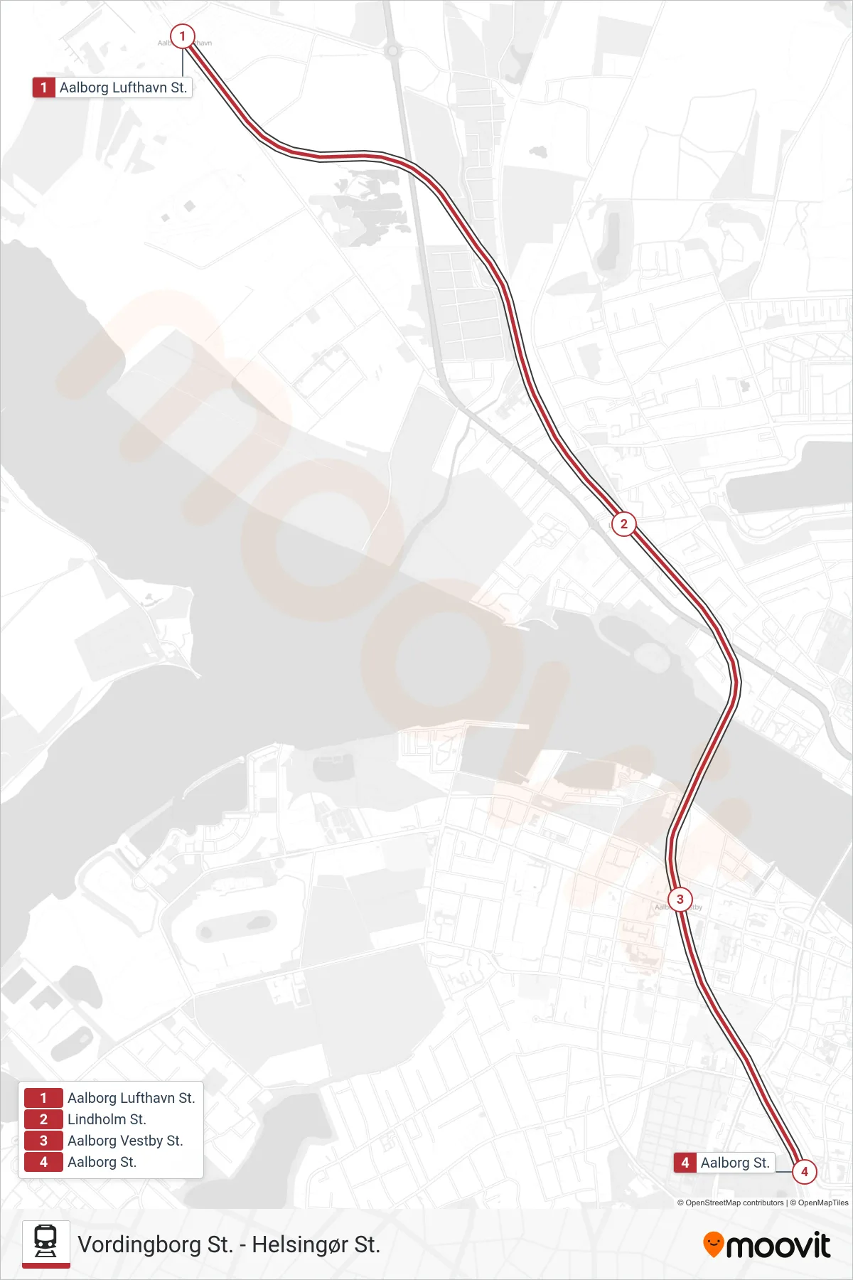 RE jernbane Linje (Aalborg St.) rute og stop på et kort