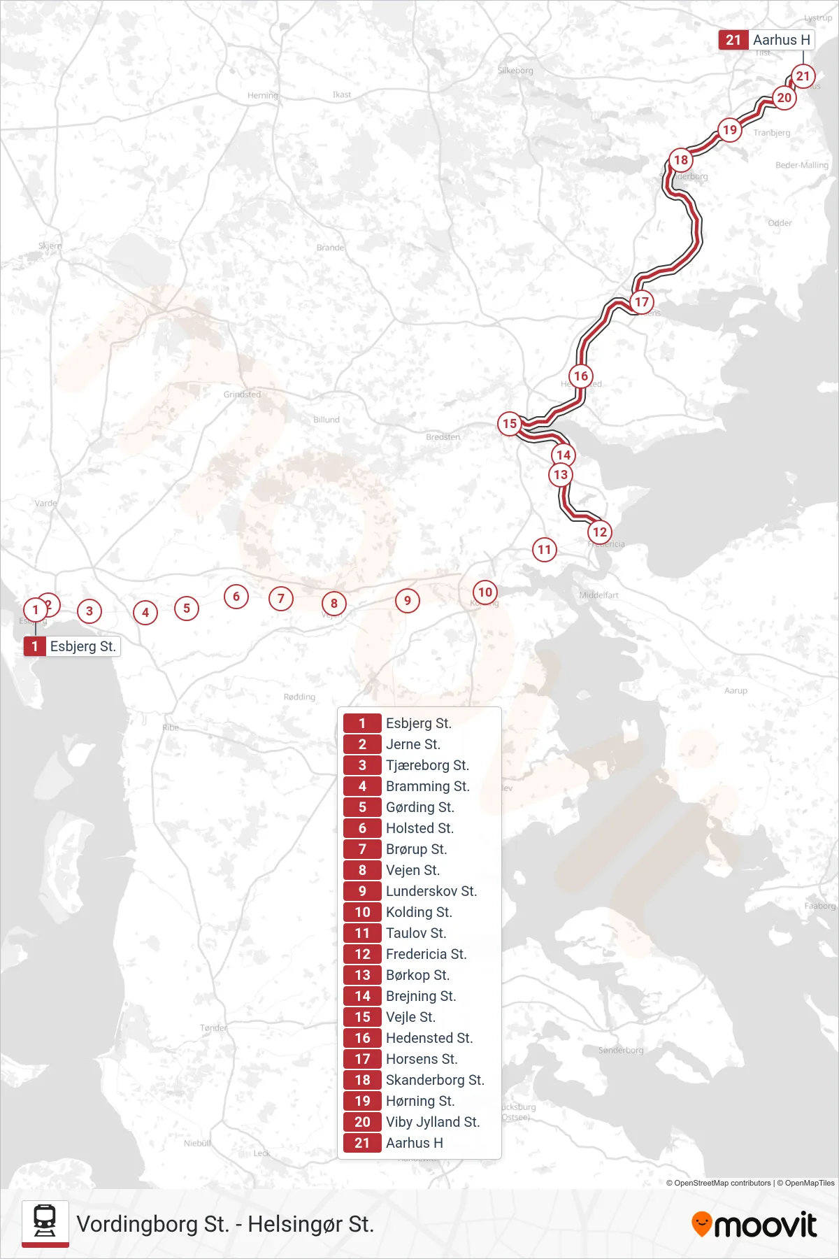 RE jernbane Linje (Aarhus H) rute og stop på et kort