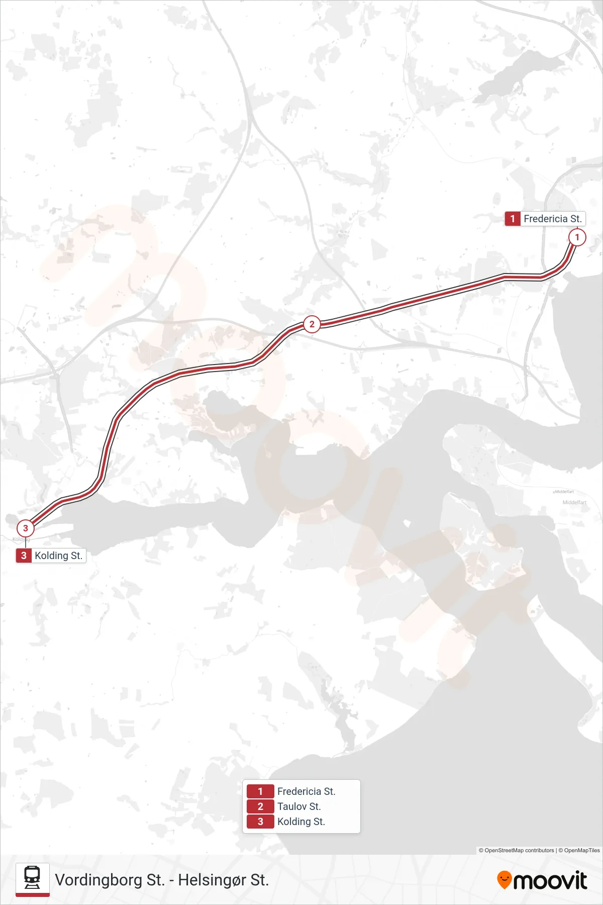 RE jernbane Linje (Kolding St.) rute og stop på et kort