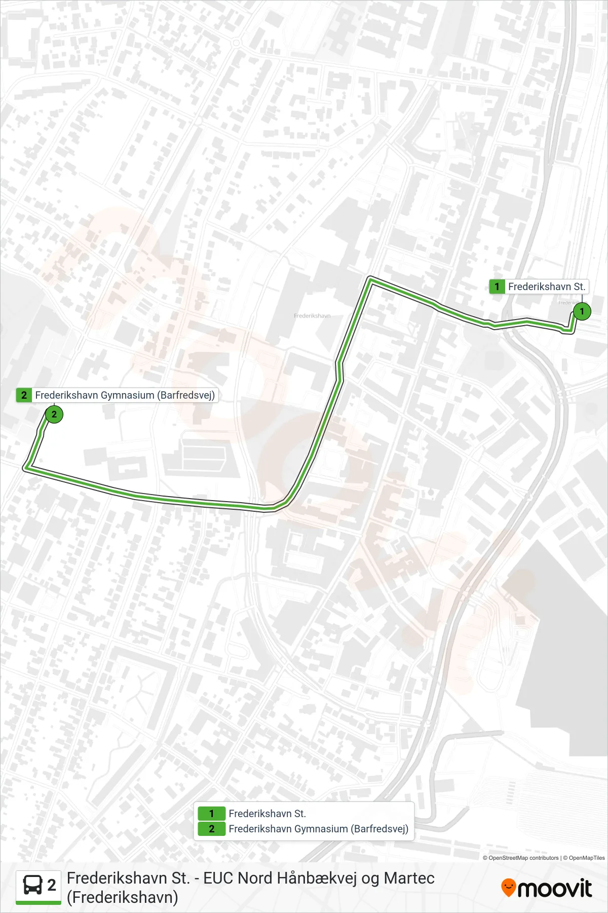 2 bus Linje (Frederikshavn Gymnasium) rute og stop på et kort