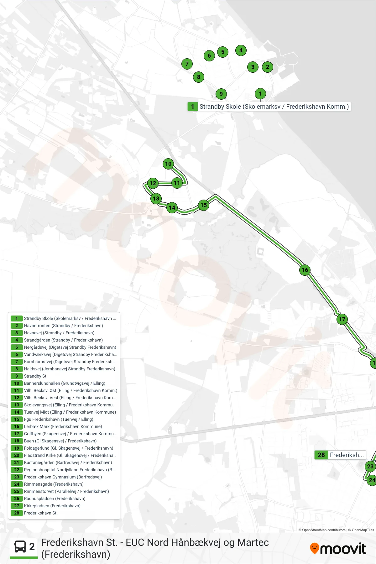 2 bus Linje (Frederikshavn St.) rute og stop på et kort