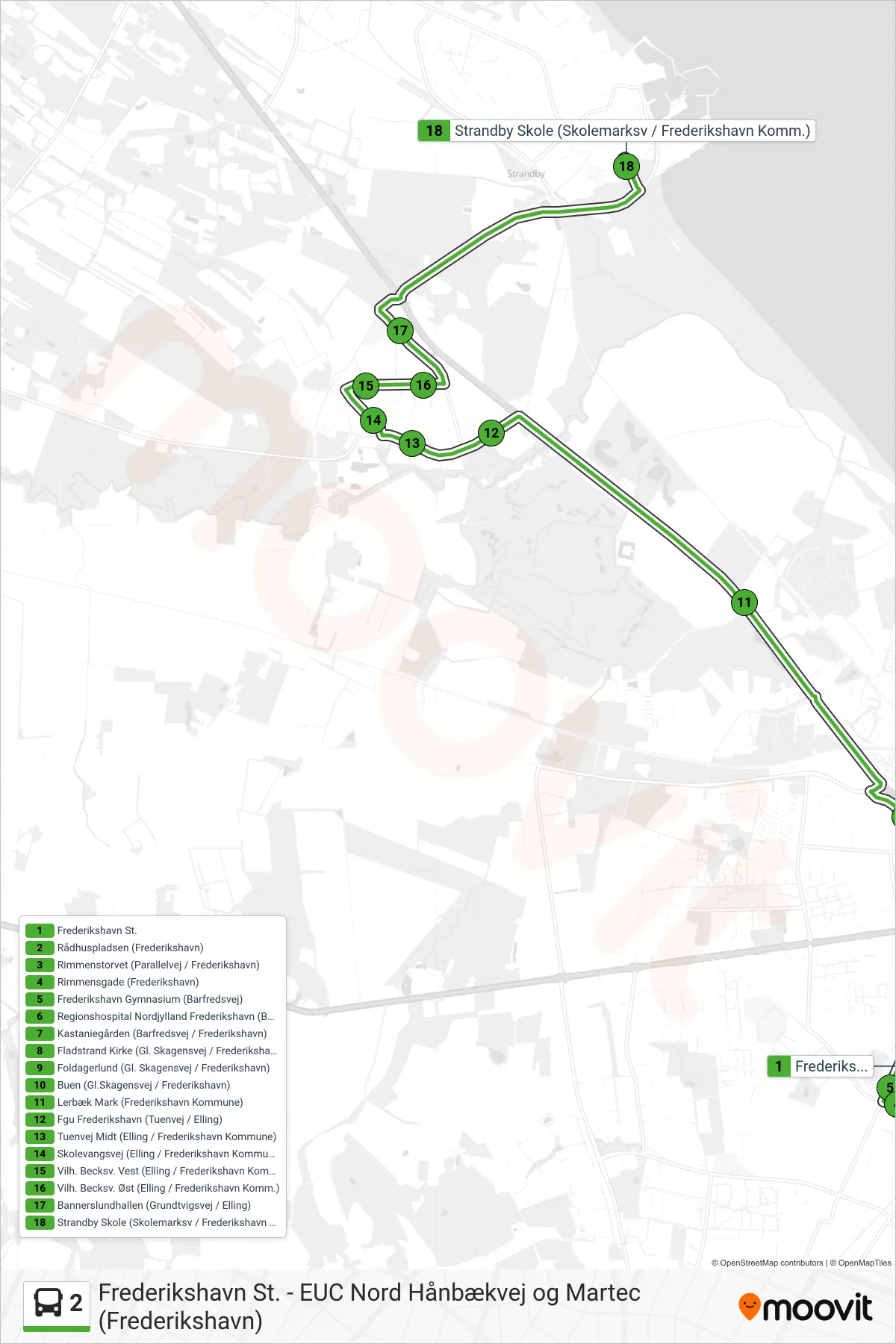 2 bus Linje (Strandby Skole) rute og stop på et kort