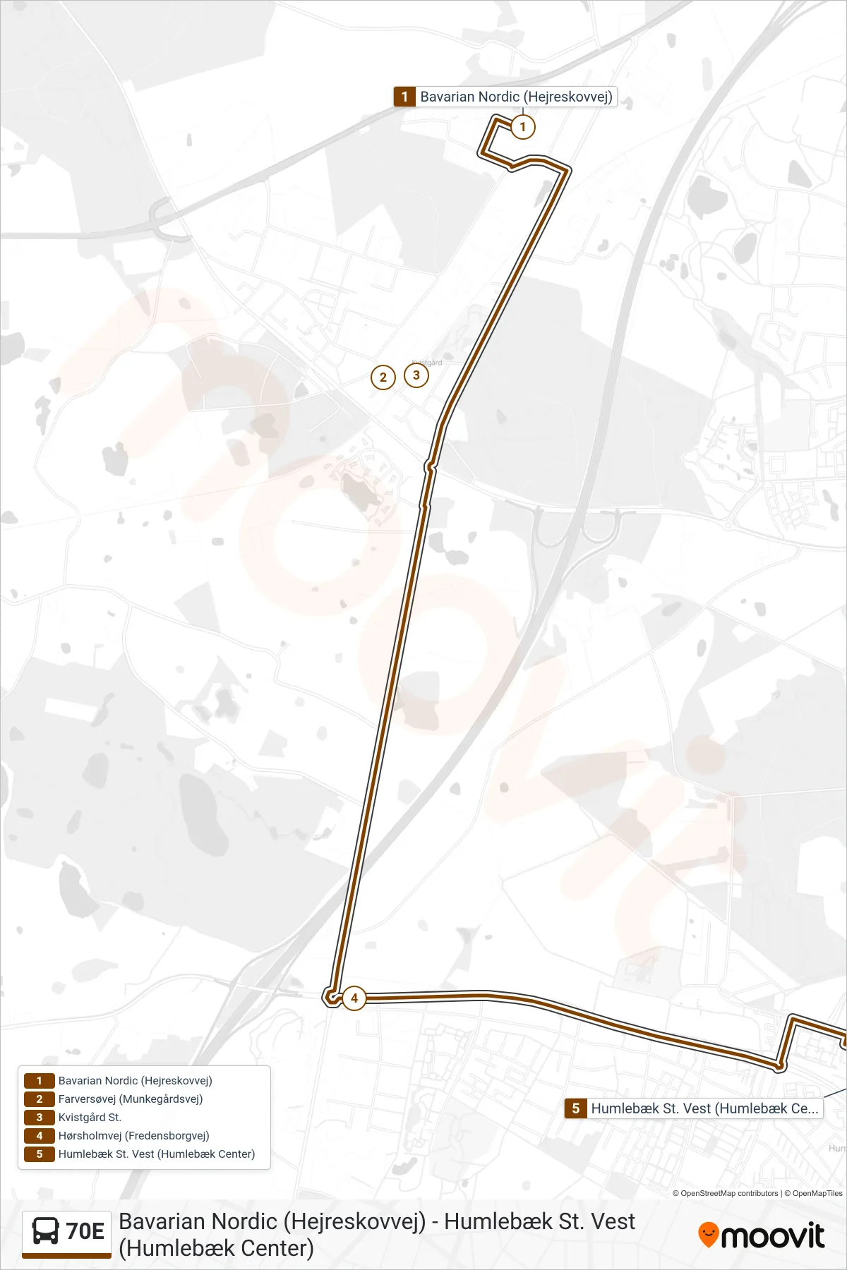 70E bus Line (Humlebæk St.) route and stops on a map