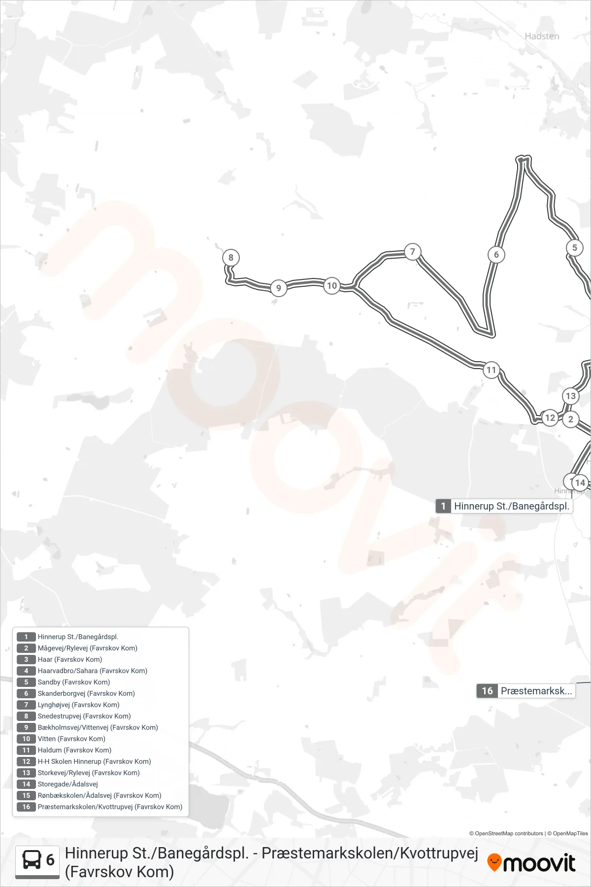 6 bus Linje (Præstemarkskolen) rute og stop på et kort