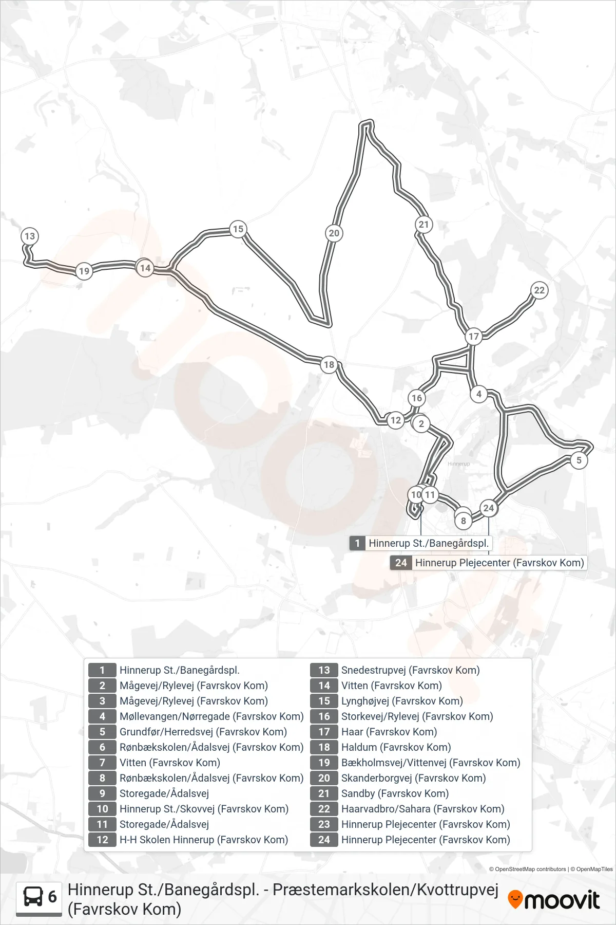 6 bus Linje (Hinnerup St./Banegårdspl.) rute og stop på et kort