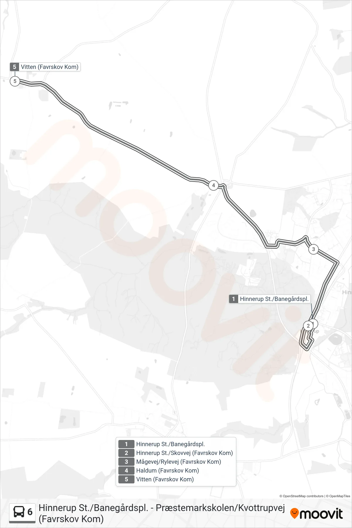 6 bus Linje (Vitten) rute og stop på et kort