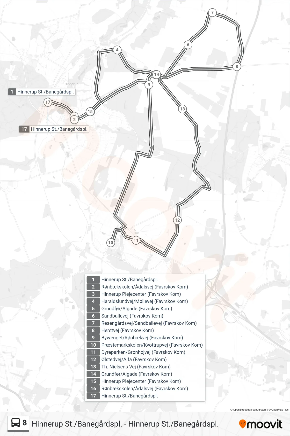 8 bus Linje (Hinnerup St./Banegårdspl.) rute og stop på et kort